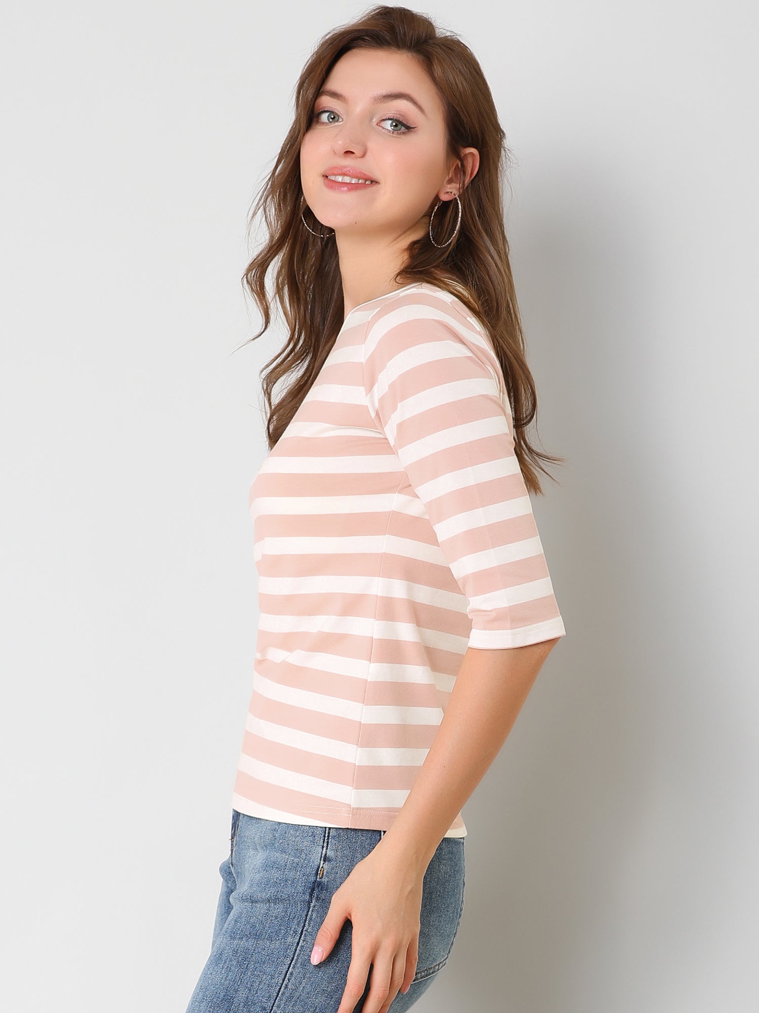 Striped 3/4 Sleeve Round Neck Casual T-Shirt