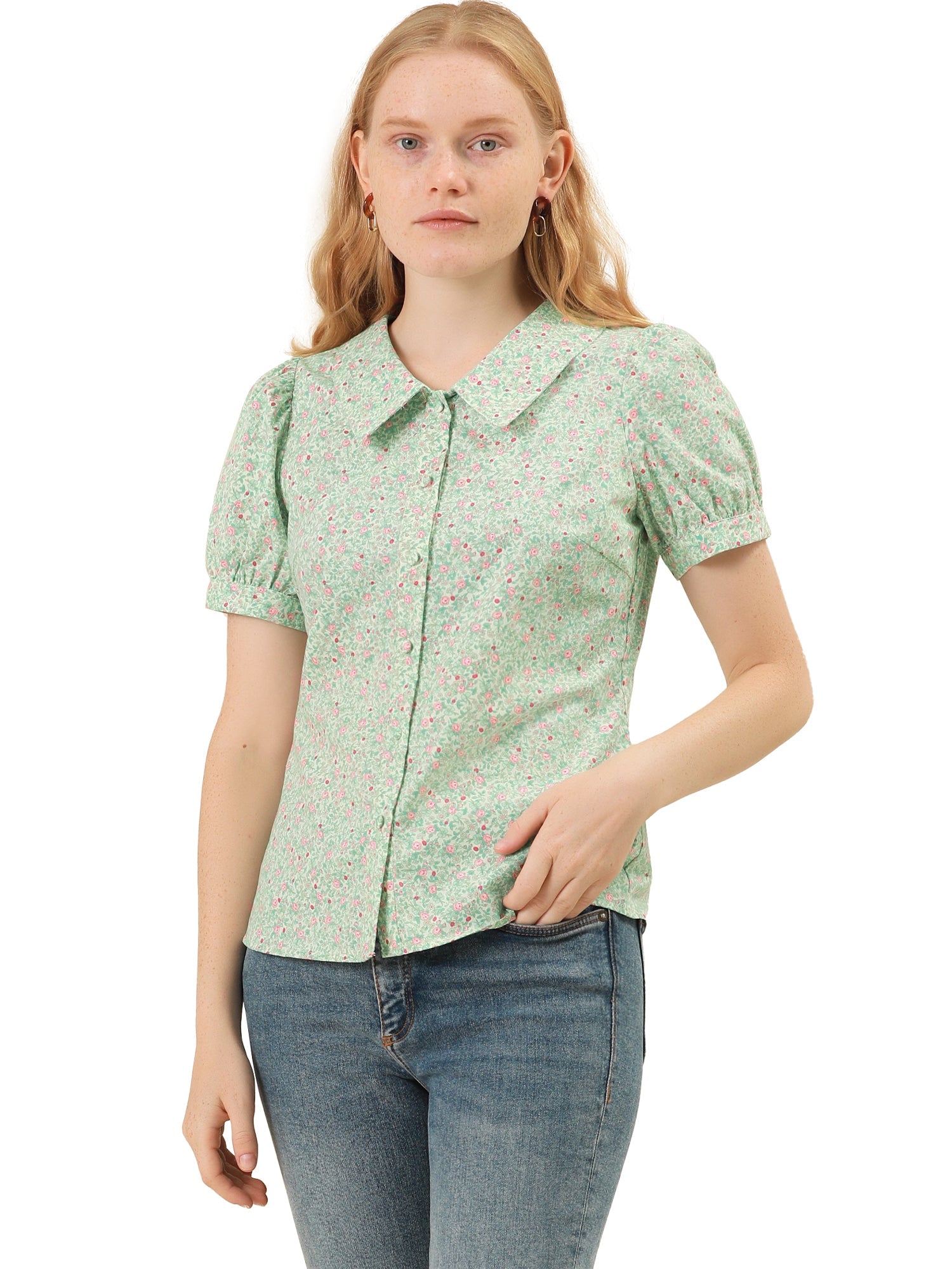 Puff Sleeve Shirt Point Collar Top Button Down Floral Blouse