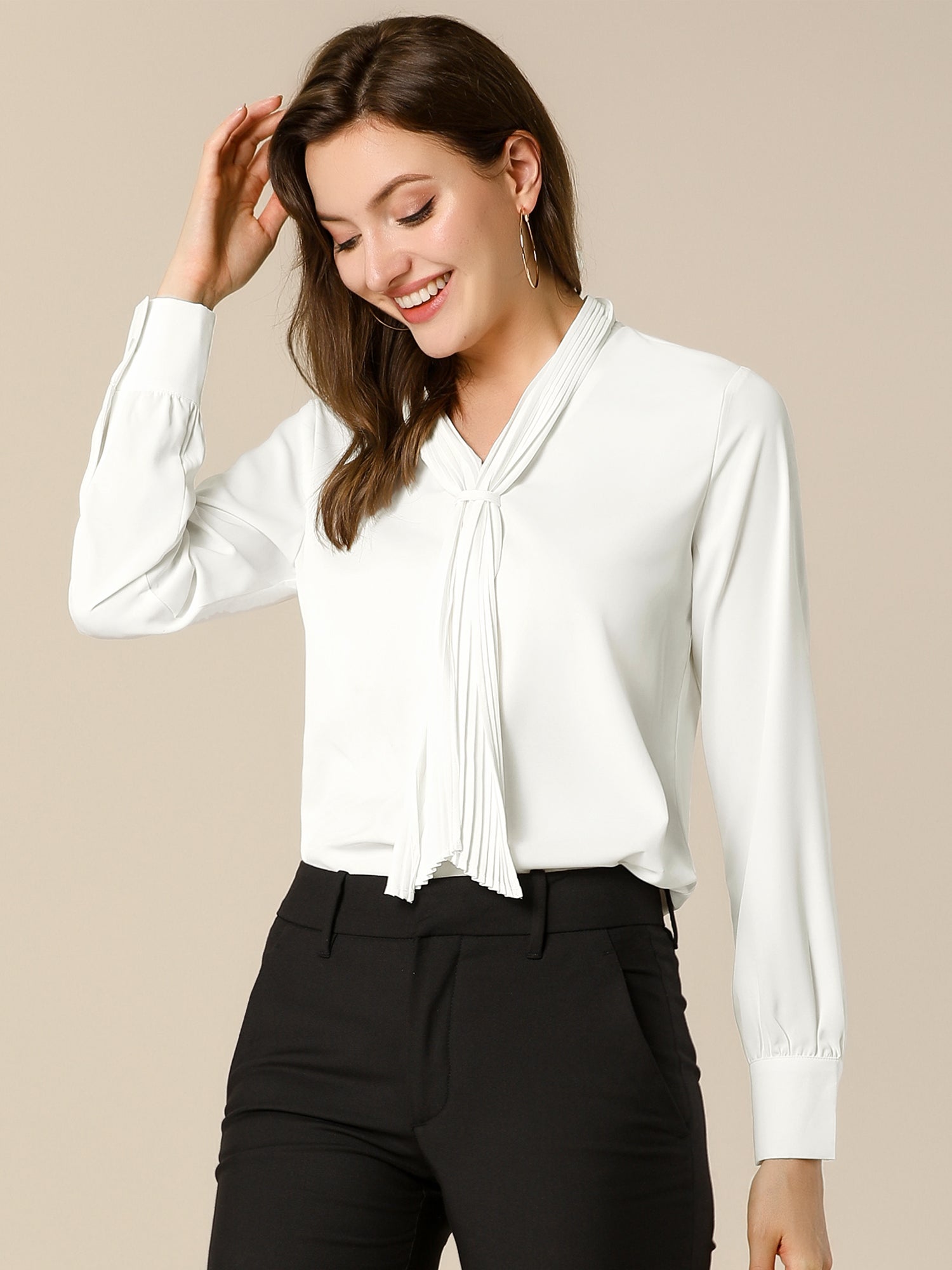 Long Sleeve Chiffon Pleated Tie Neck Office Blouse