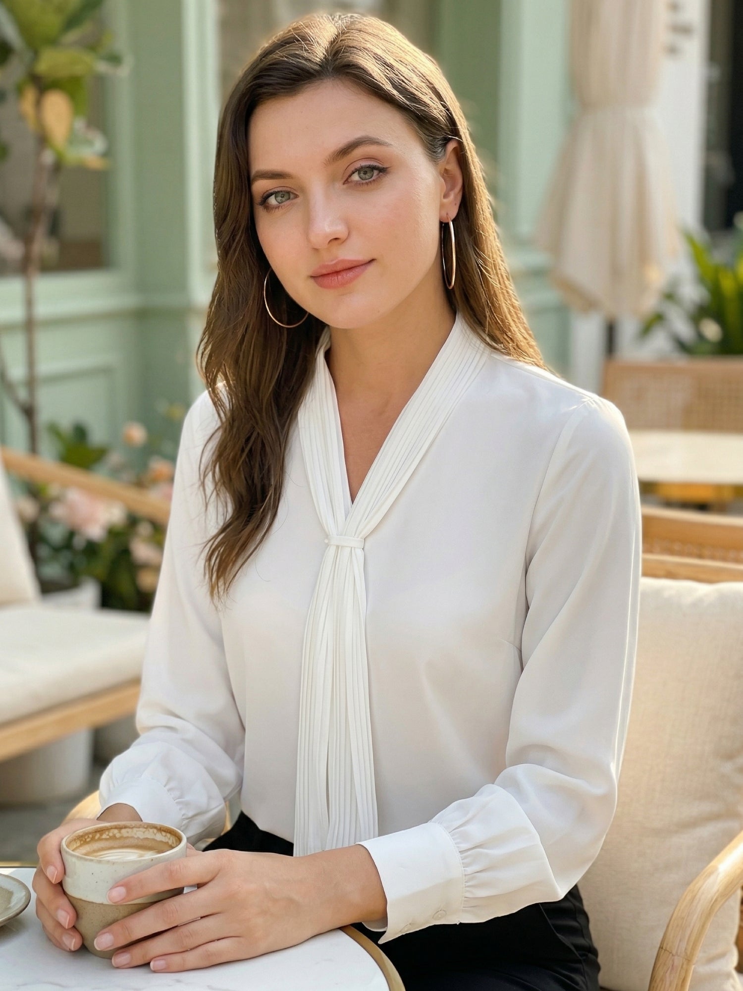 Long Sleeve Chiffon Pleated Tie Neck Office Blouse