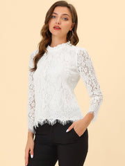 Lace Long Sleeve Ruffle Stand Neck Floral Blouse