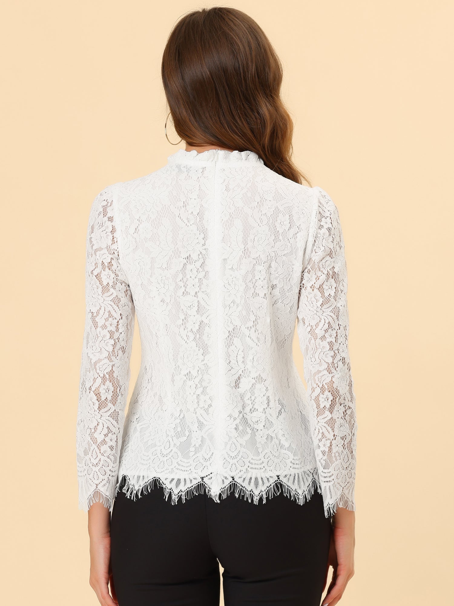 Lace Long Sleeve Ruffle Stand Neck Floral Blouse