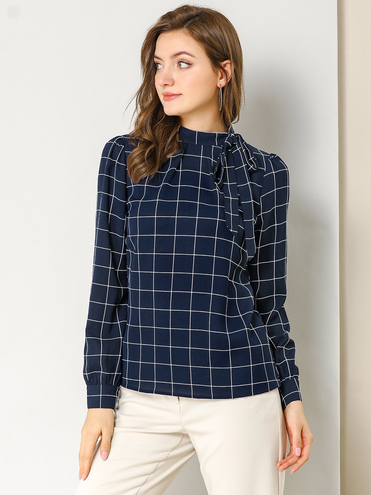 Bow Tie Neck Grid Checks Shirt Office Work Tops Blouse