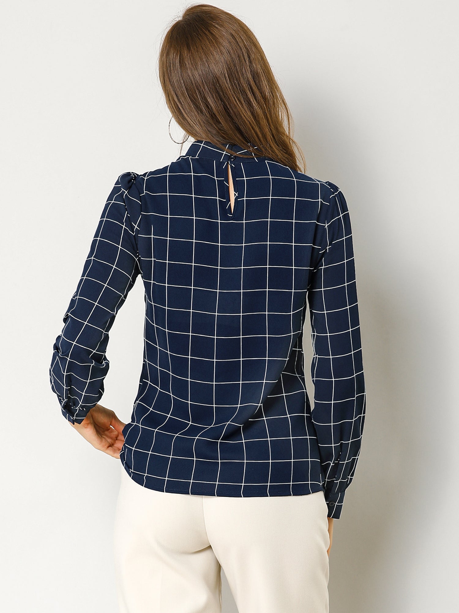 Bow Tie Neck Grid Checks Shirt Office Work Tops Blouse