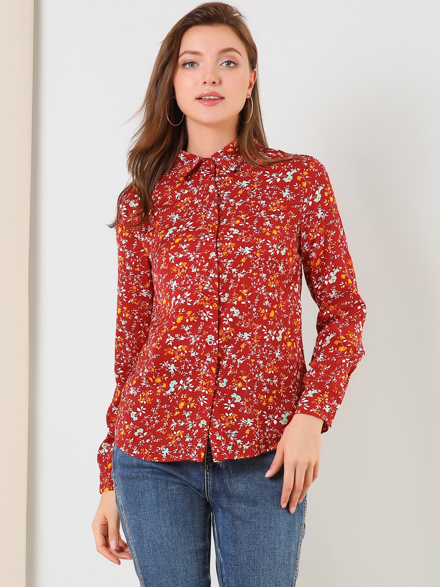 Button Down Floral Shirt Blouse Long Sleeve Point Collar Top