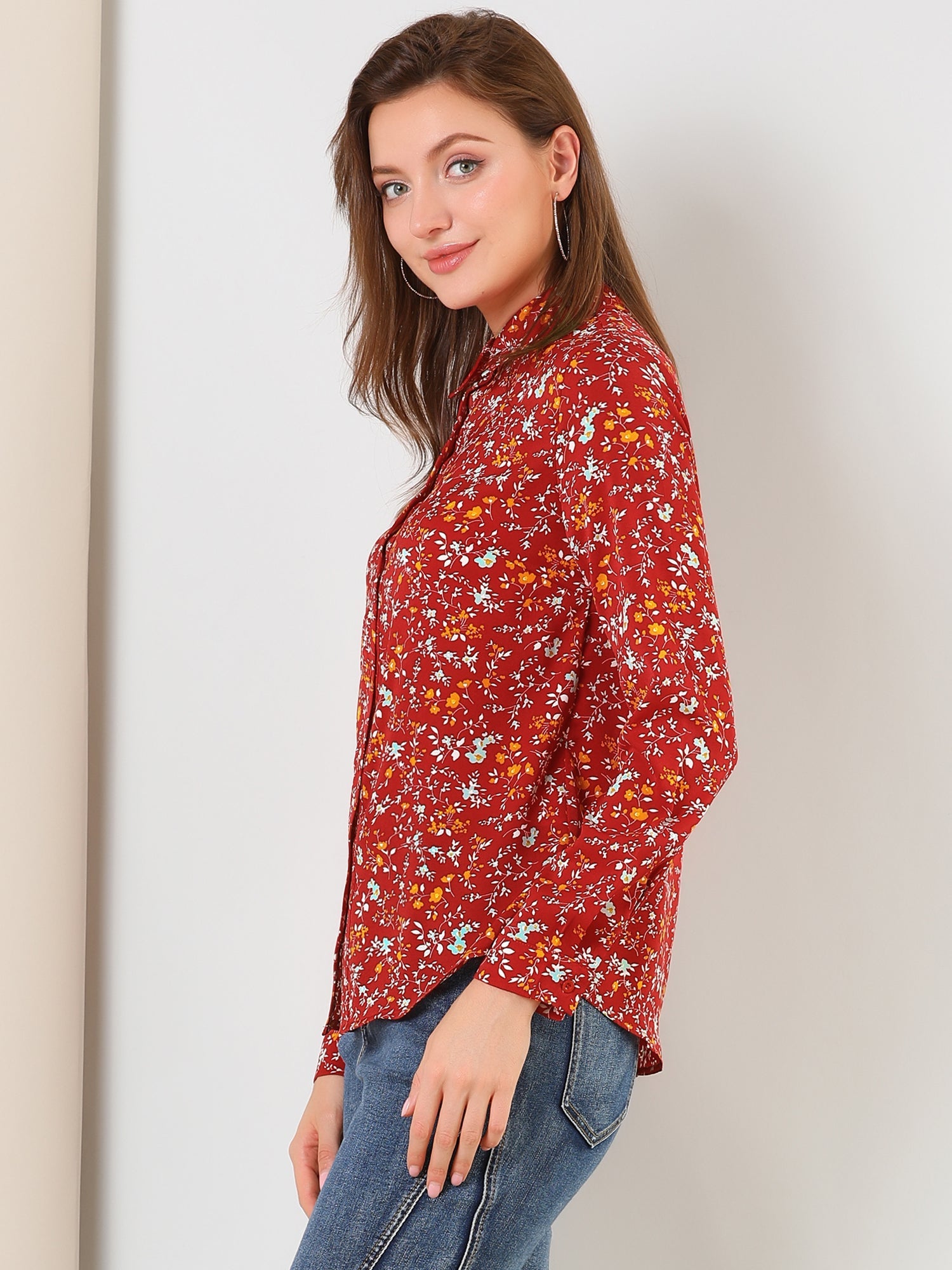 Button Down Floral Shirt Blouse Long Sleeve Point Collar Top