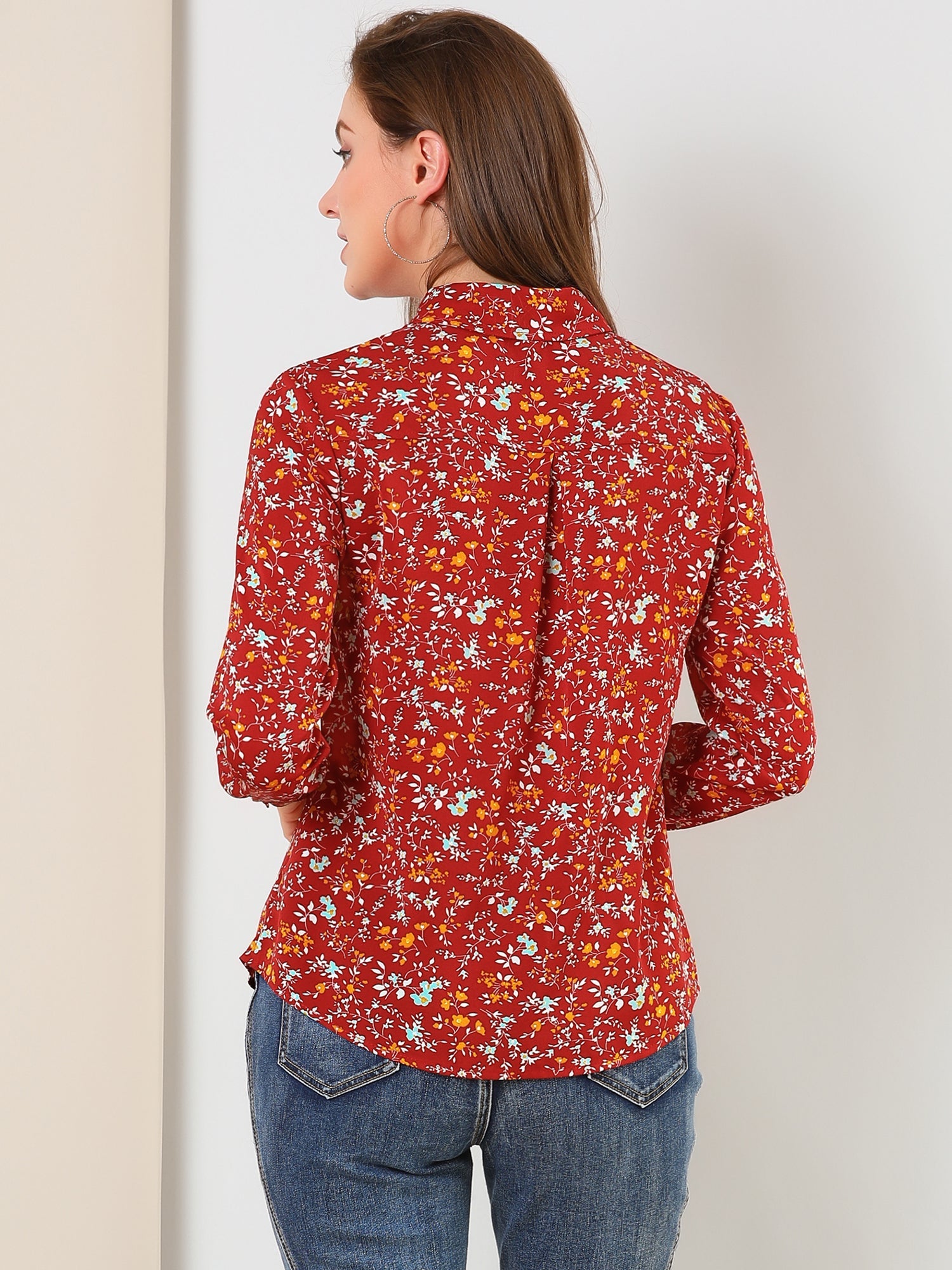 Button Down Floral Shirt Blouse Long Sleeve Point Collar Top