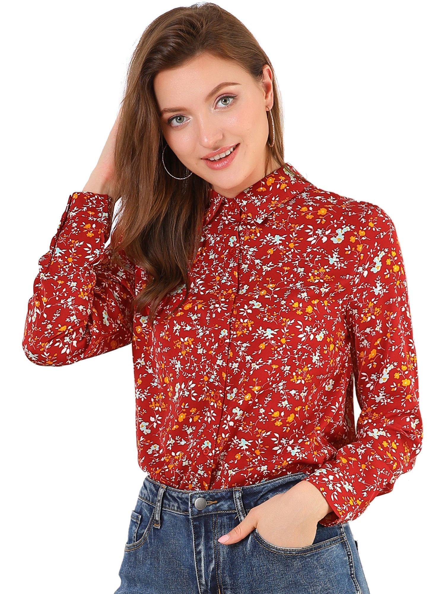 Button Down Floral Shirt Blouse Long Sleeve Point Collar Top