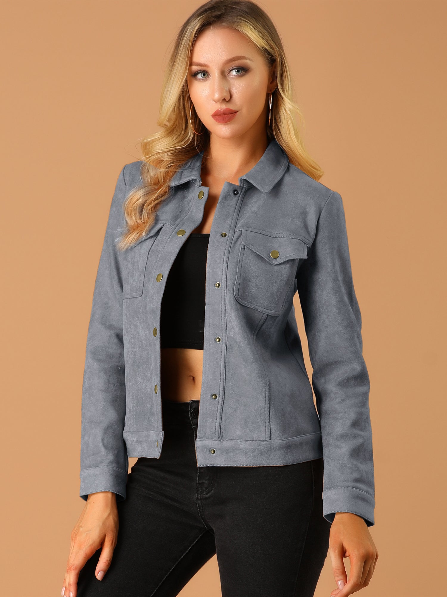 Faux Suede Turn-Down Collar Flap Pocket Snap Button Jacket