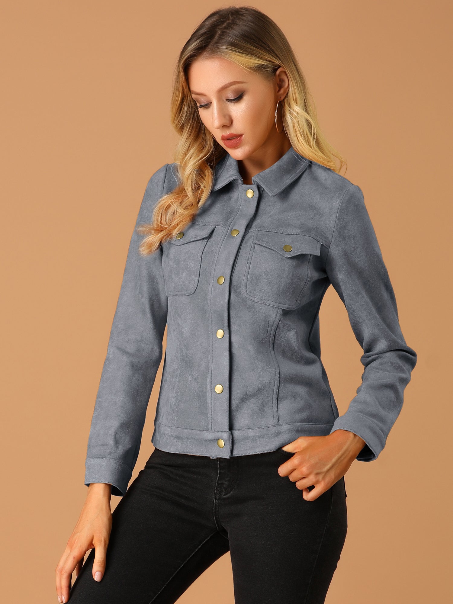 Faux Suede Turn-Down Collar Flap Pocket Snap Button Jacket