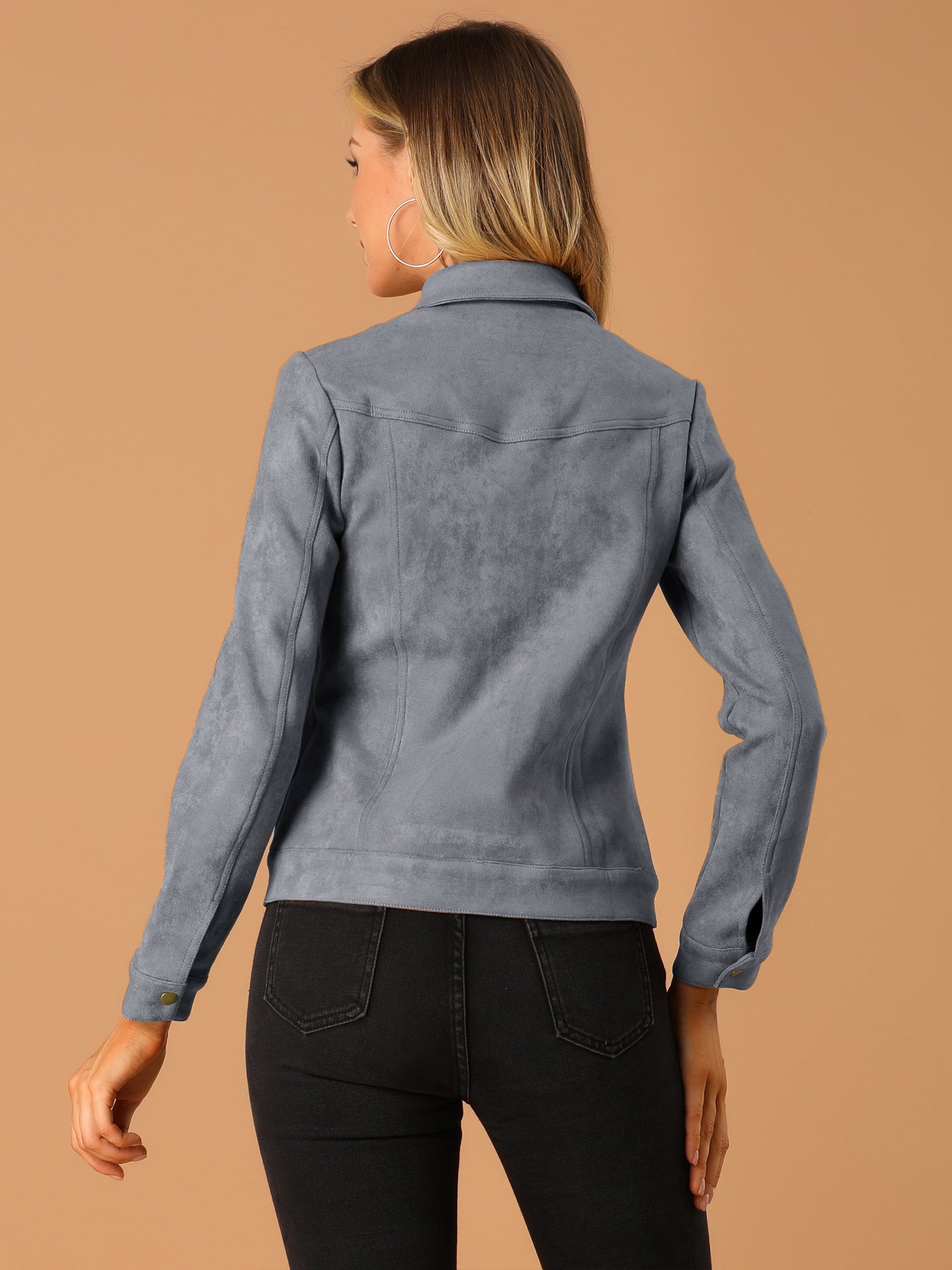 Faux Suede Turn-Down Collar Flap Pocket Snap Button Jacket