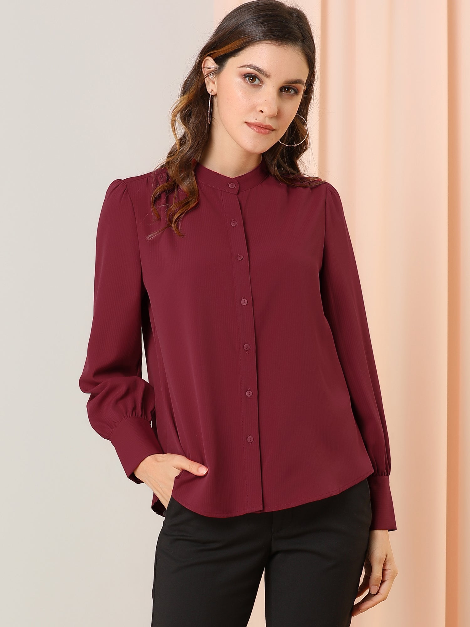 Mandarin Collar Long Sleeve Button Down Office Shirt