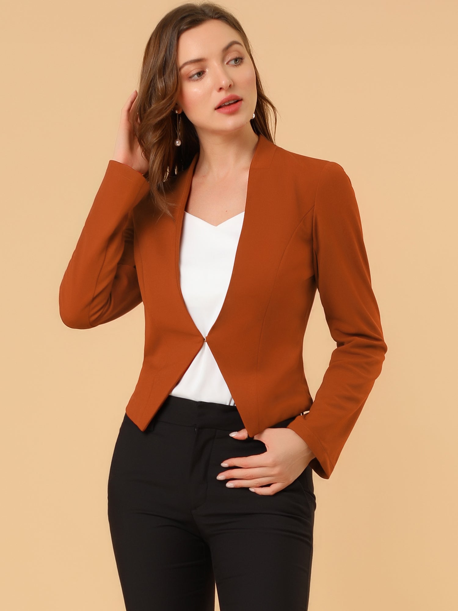 Solid Color Collarless Cropped Office Blazer Jacket