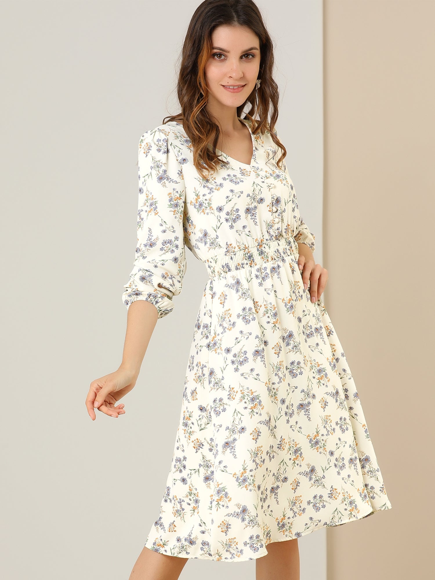 Floral Print V-Neck Long Sleeve Smocked Waist Midi Dress