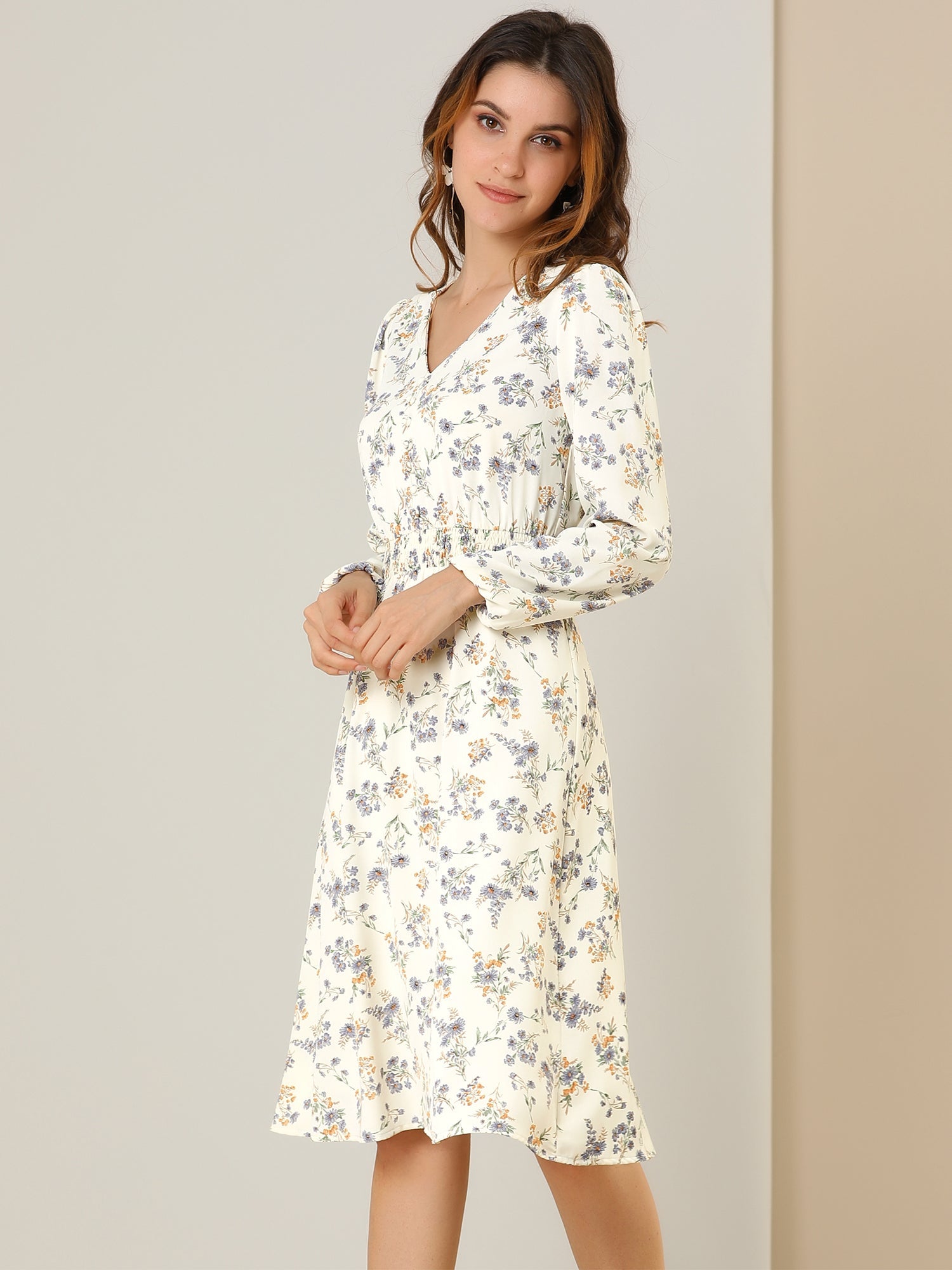 Floral Print V-Neck Long Sleeve Smocked Waist Midi Dress