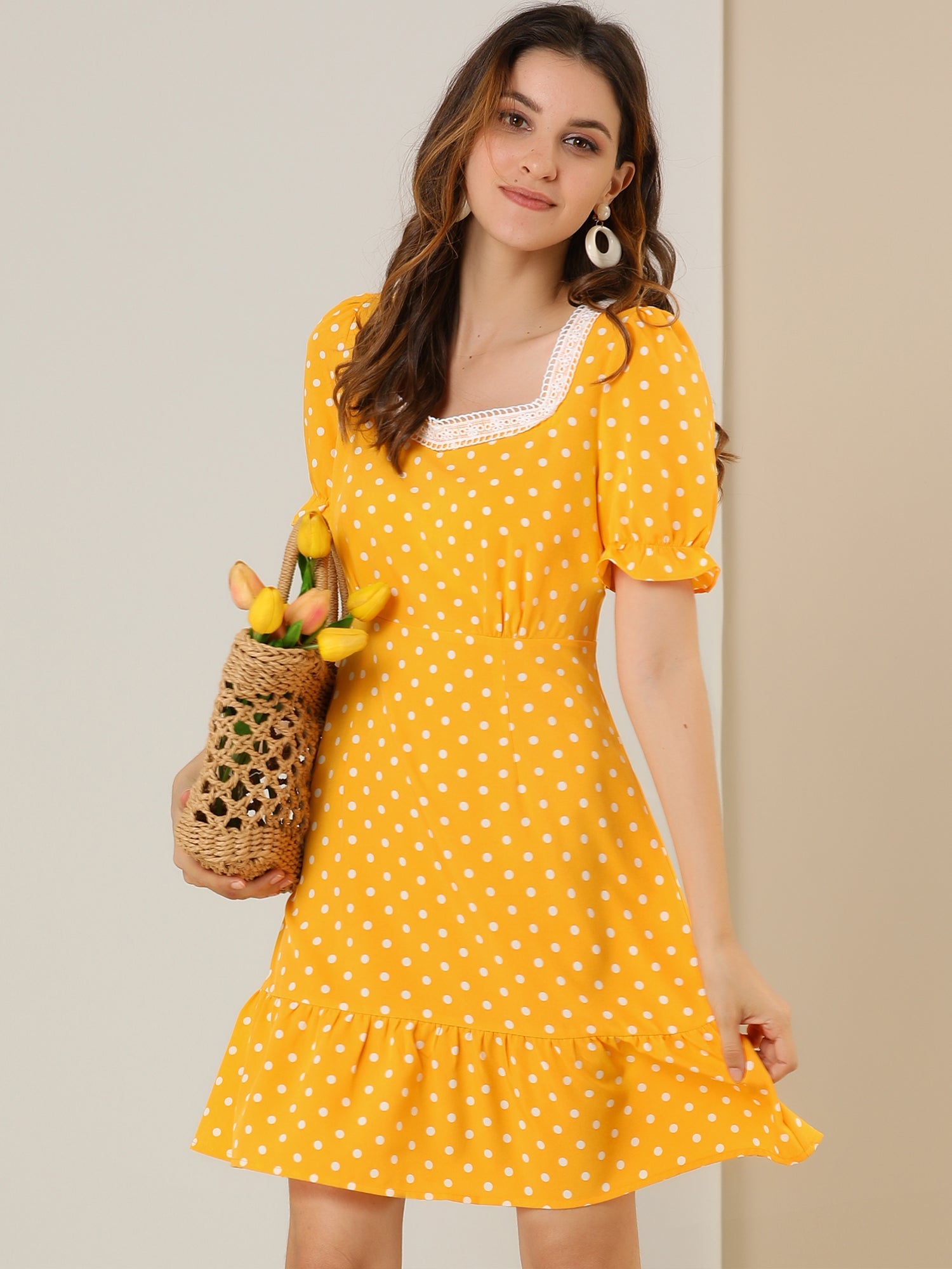Summer Sweetheart Neck Ruffled Hem Puff Short Sleeve Polka Dots Dress