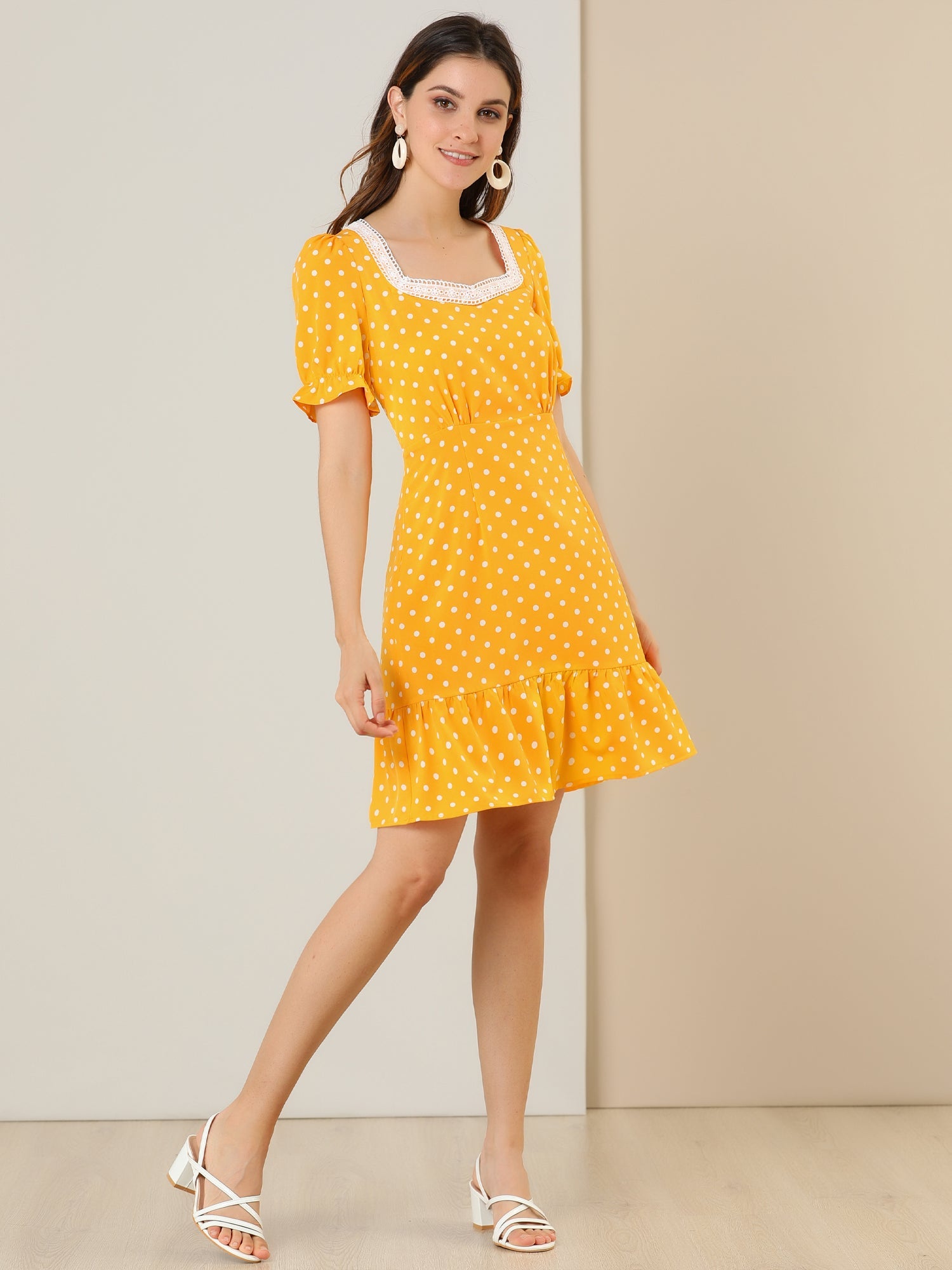 Summer Sweetheart Neck Ruffled Hem Puff Short Sleeve Polka Dots Dress