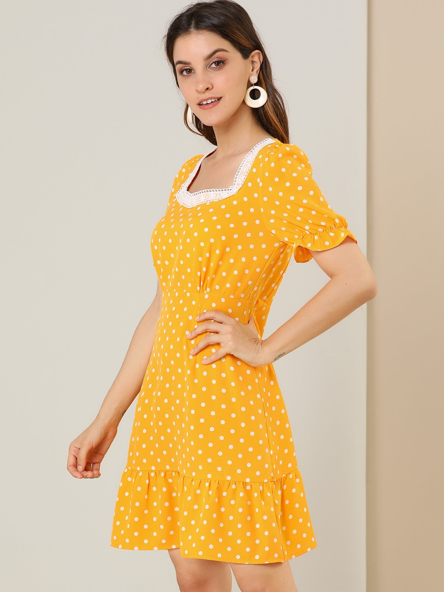Summer Sweetheart Neck Ruffled Hem Puff Short Sleeve Polka Dots Dress