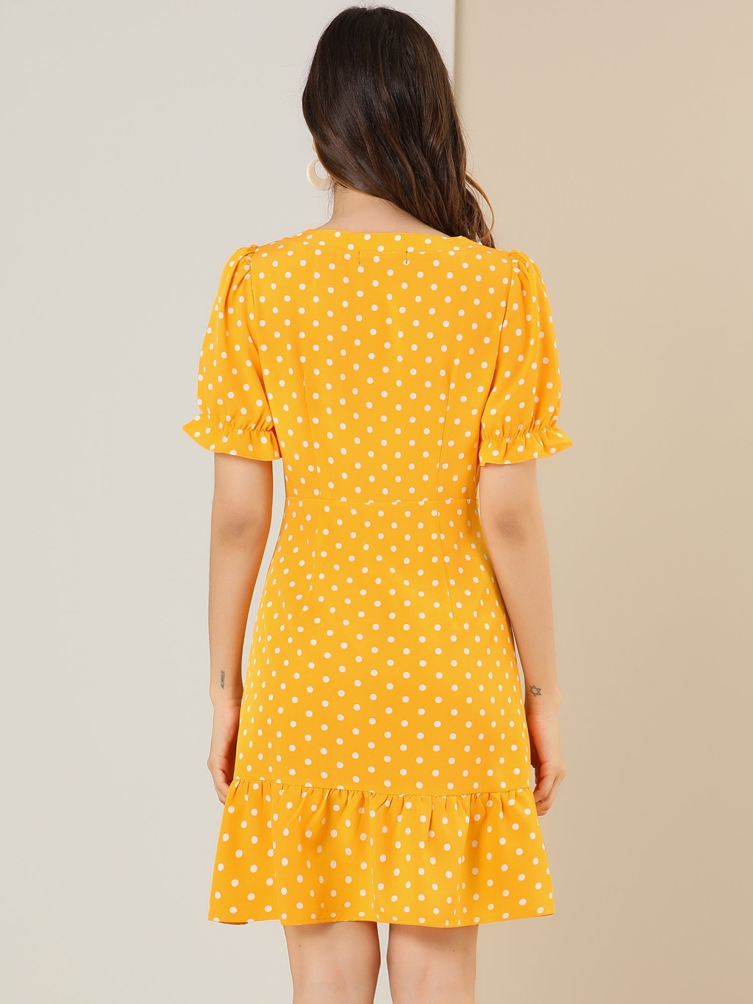 Summer Sweetheart Neck Ruffled Hem Puff Short Sleeve Polka Dots Dress