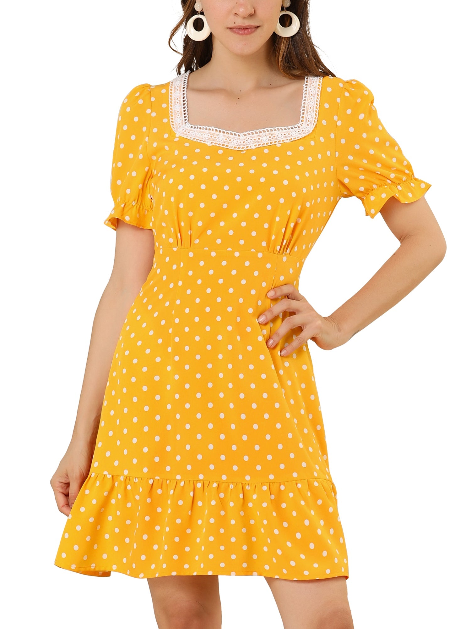 Summer Sweetheart Neck Ruffled Hem Puff Short Sleeve Polka Dots Dress