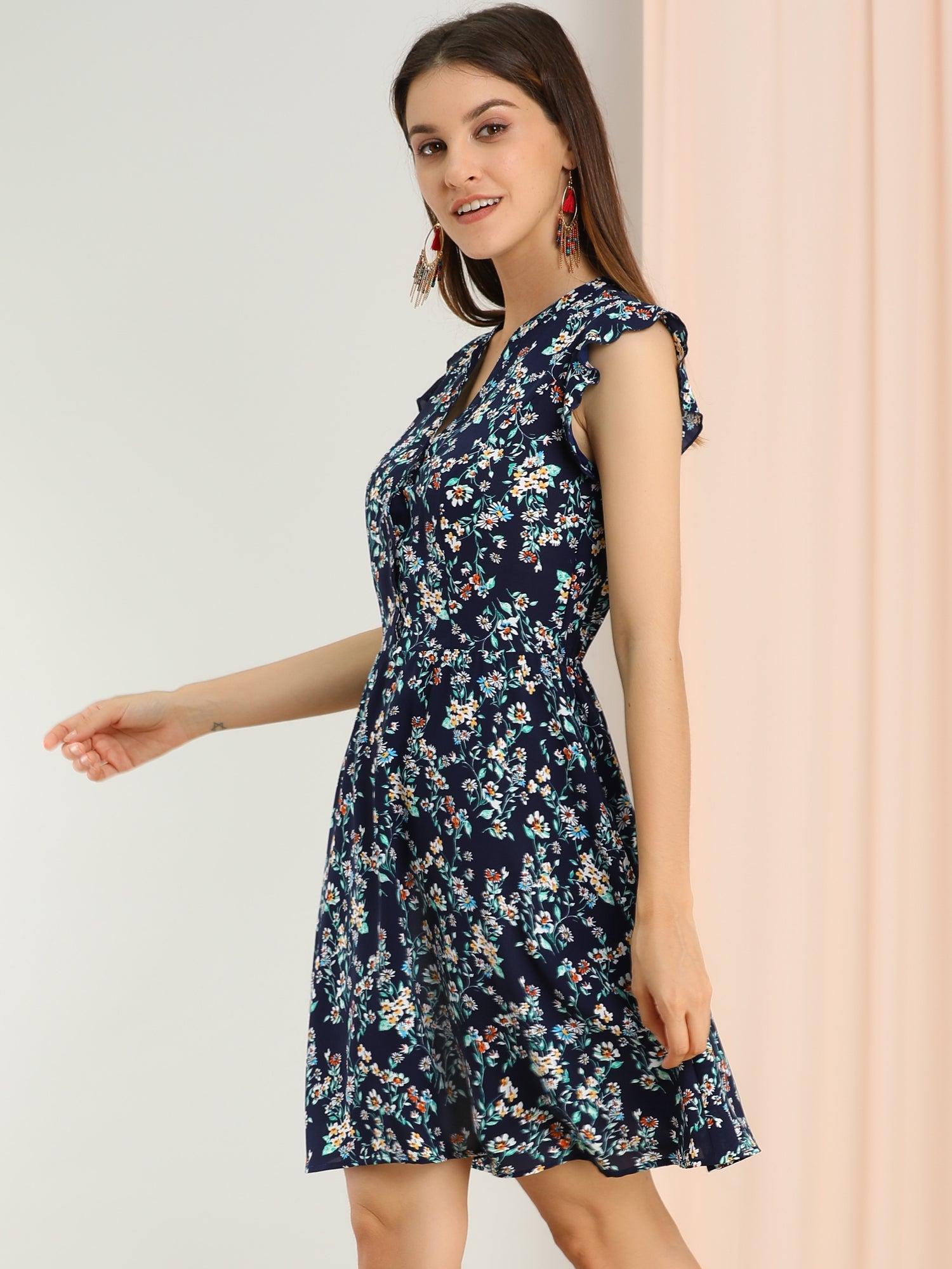 Flutter Sleeve Ruffle A-Line Flowy Chiffon Dress