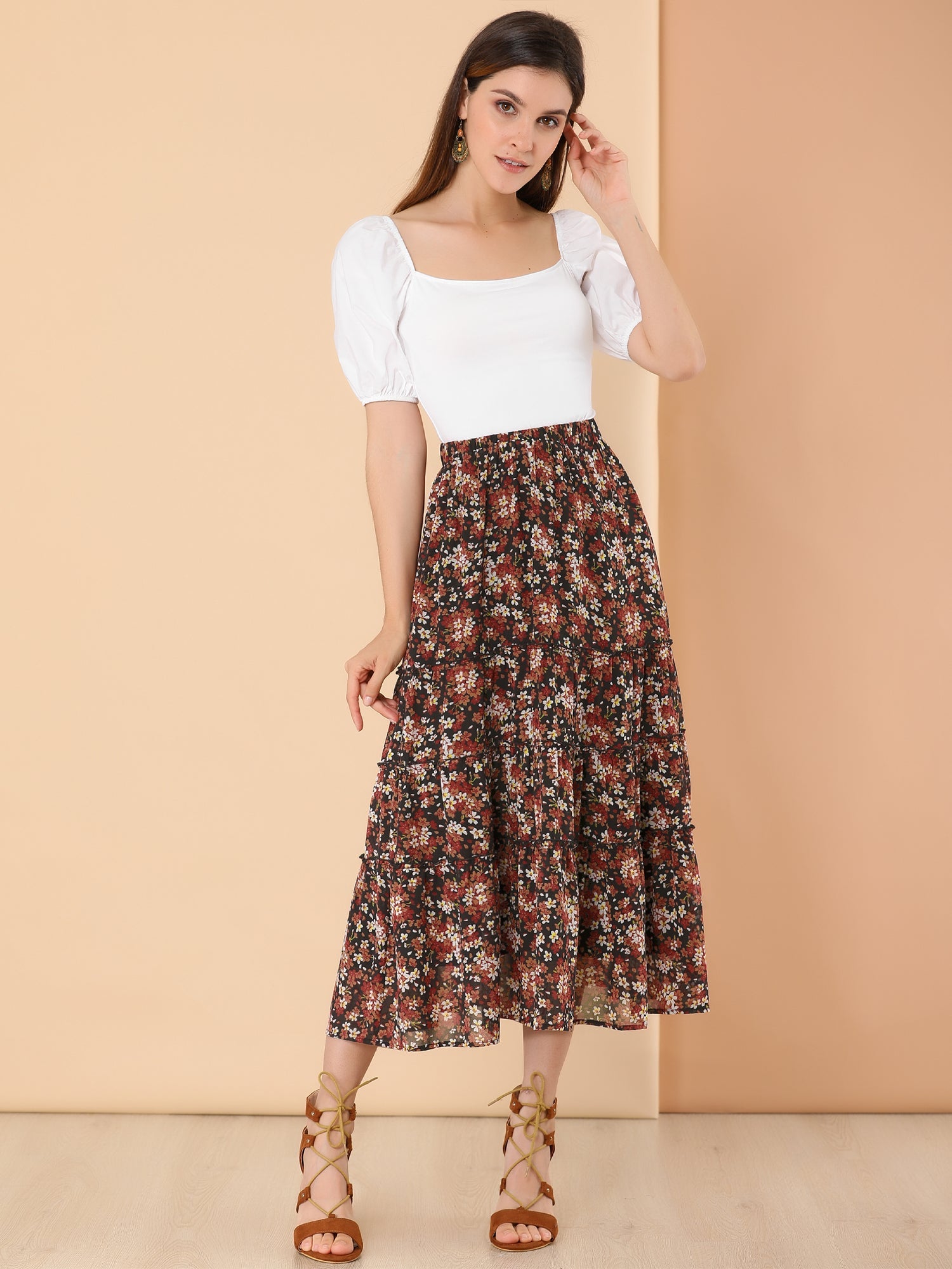 Ruffle Boho Chiffon Floral Printed Long Tiered Midi Skirt