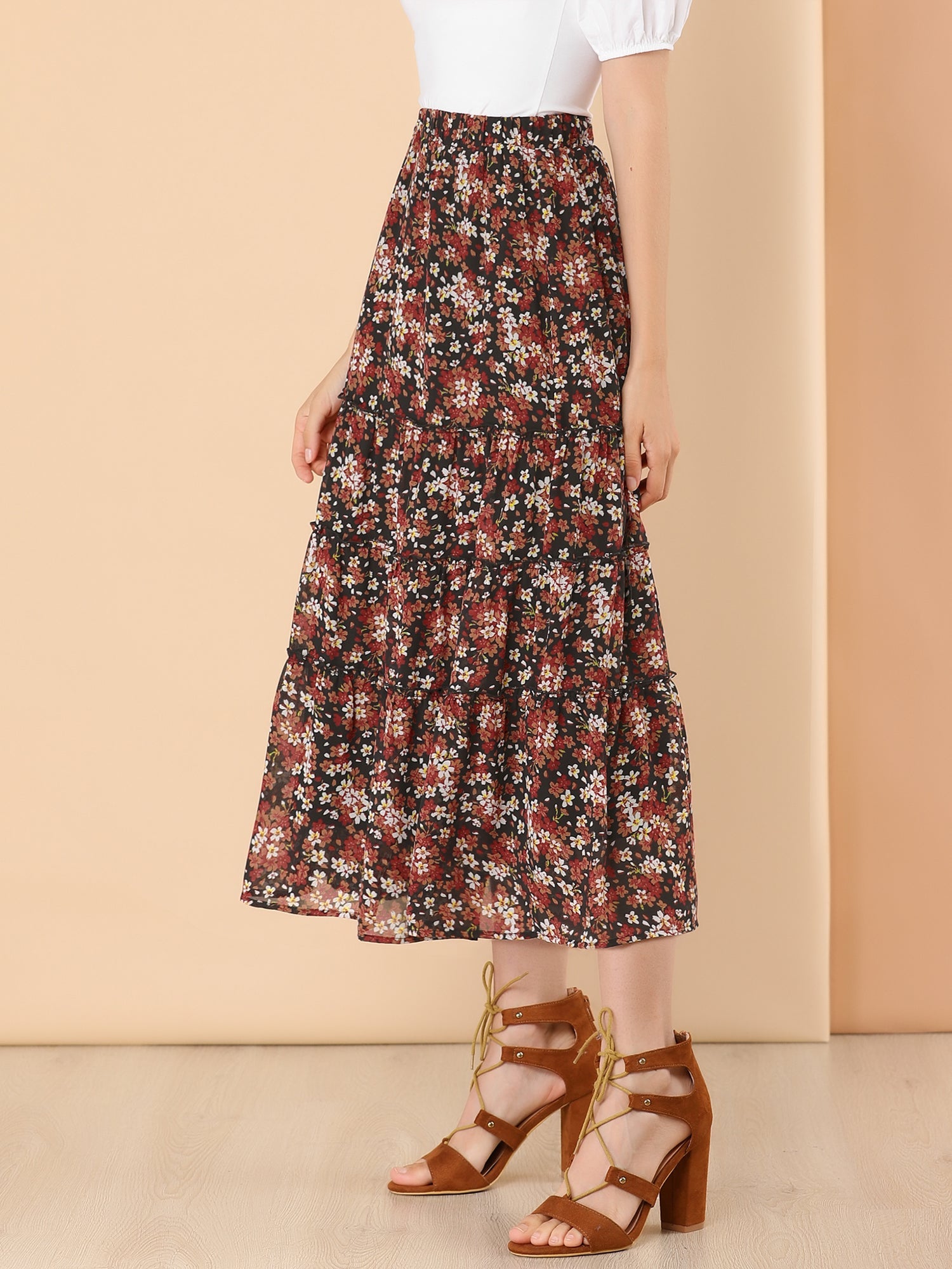 Ruffle Boho Chiffon Floral Printed Long Tiered Midi Skirt