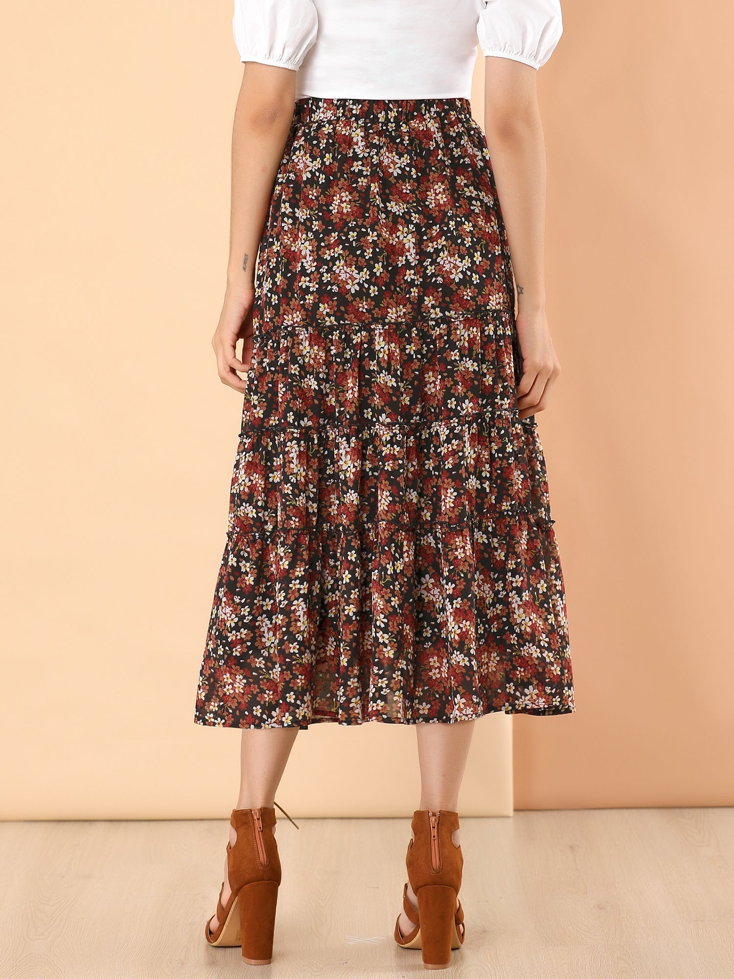 Ruffle Boho Chiffon Floral Printed Long Tiered Midi Skirt