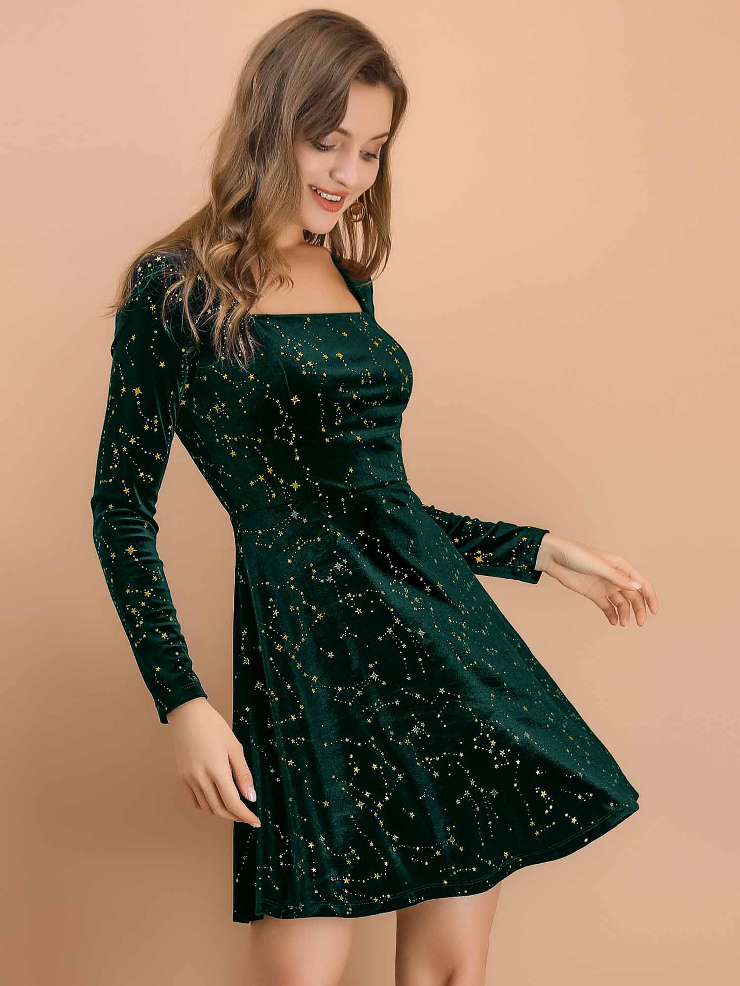 Christmas Stars Square Neck Vintage Velvet Mini Dress