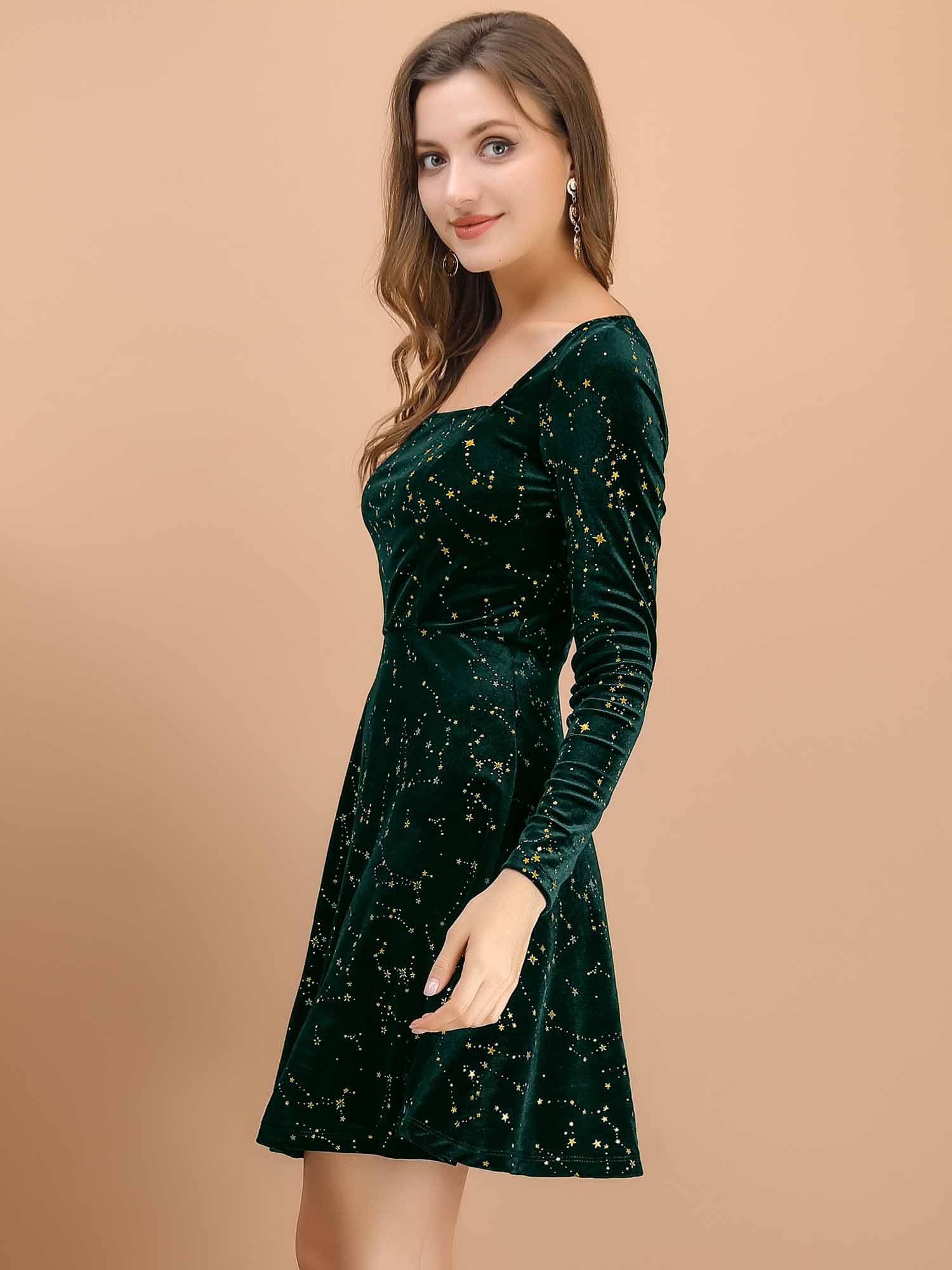 Christmas Stars Square Neck Vintage Velvet Mini Dress