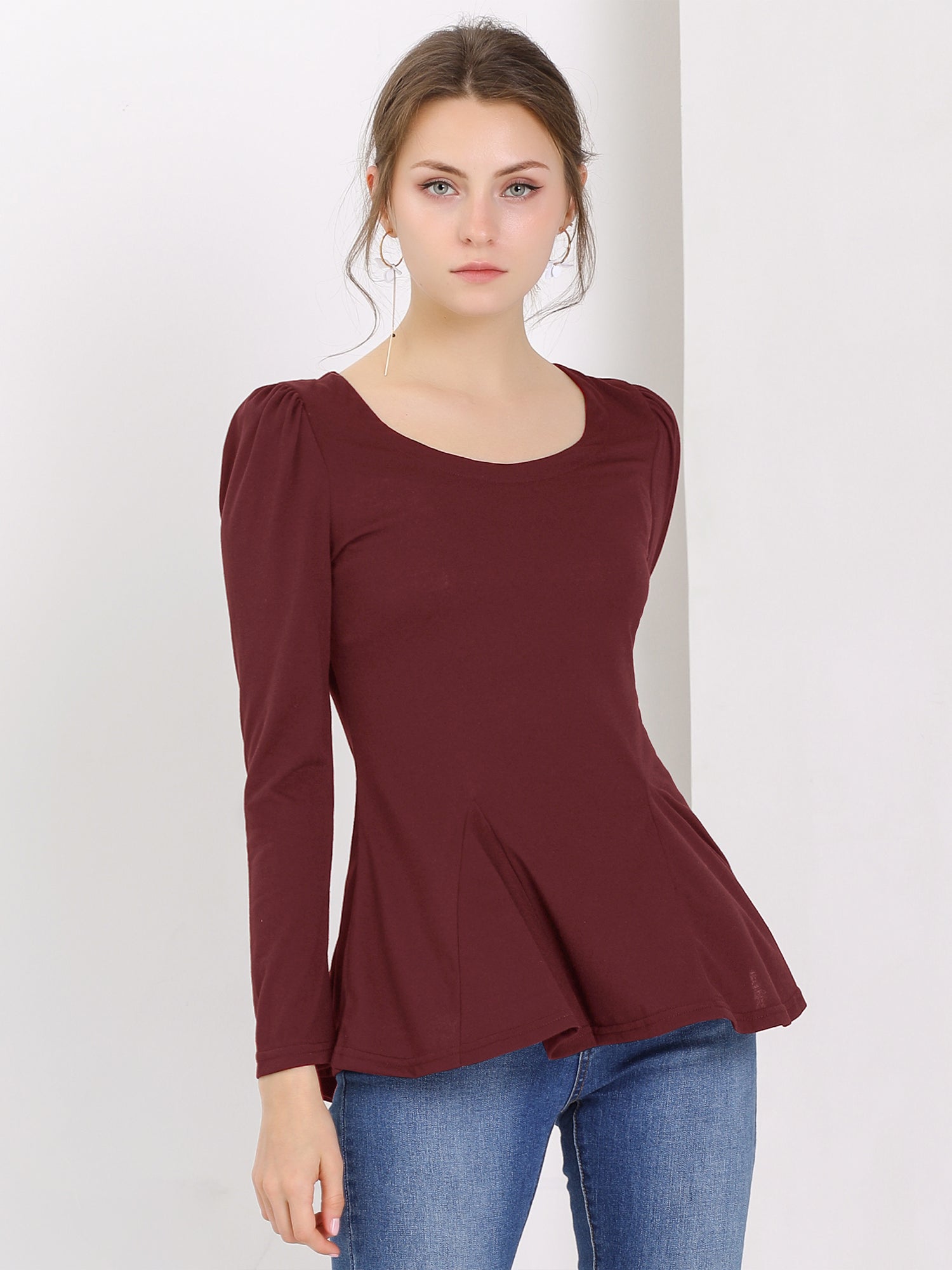 Long Sleeve Scoop Neck Casual Peplum Blouse