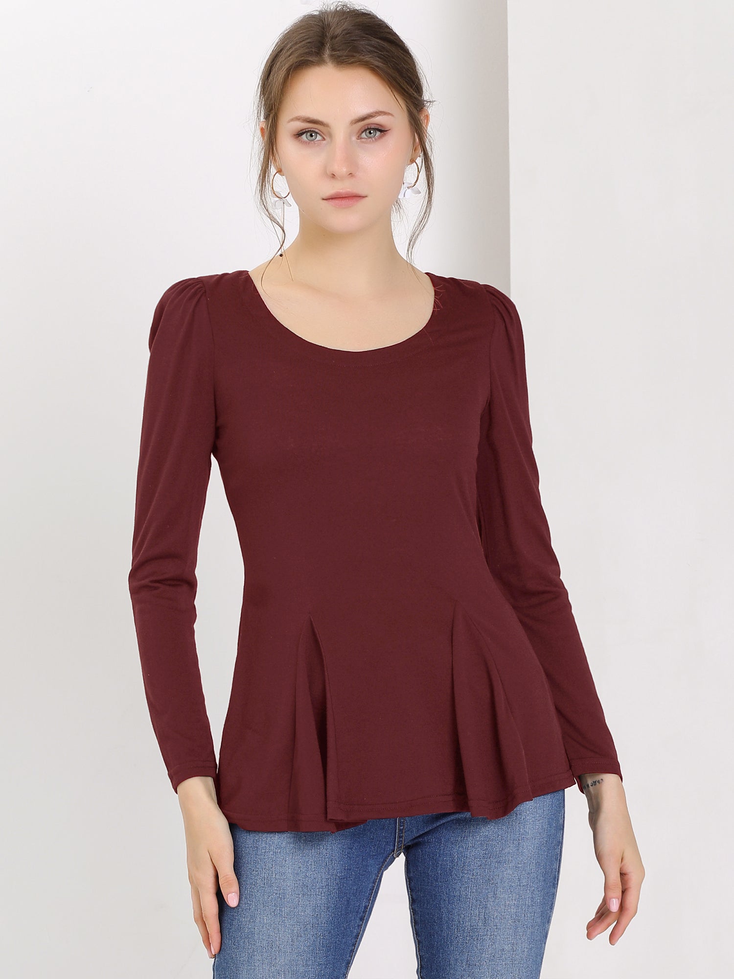 Long Sleeve Scoop Neck Casual Peplum Blouse