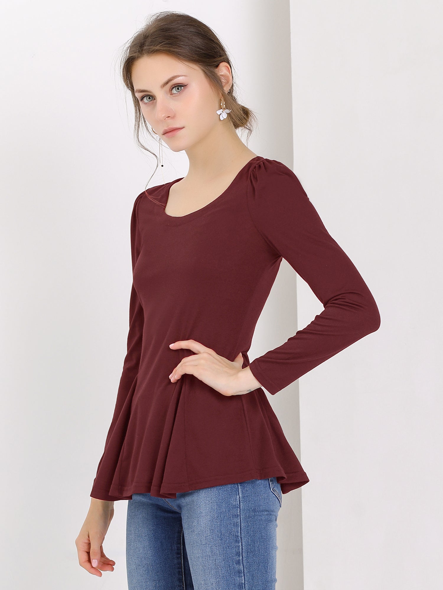 Long Sleeve Scoop Neck Casual Peplum Blouse