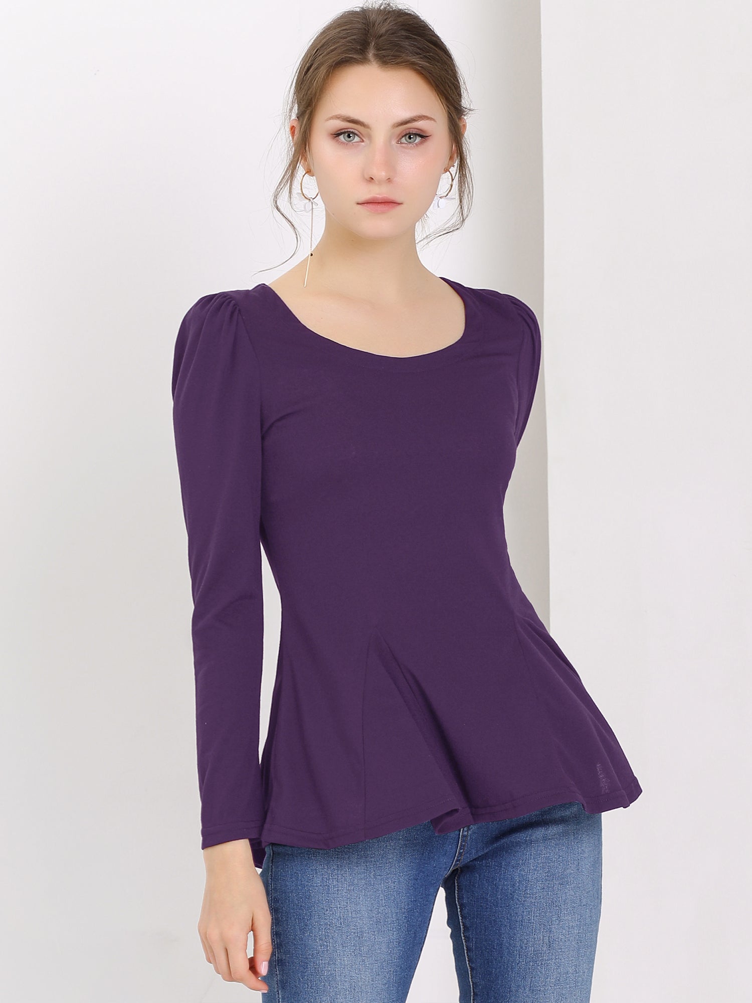 Long Sleeve Scoop Neck Casual Peplum Blouse