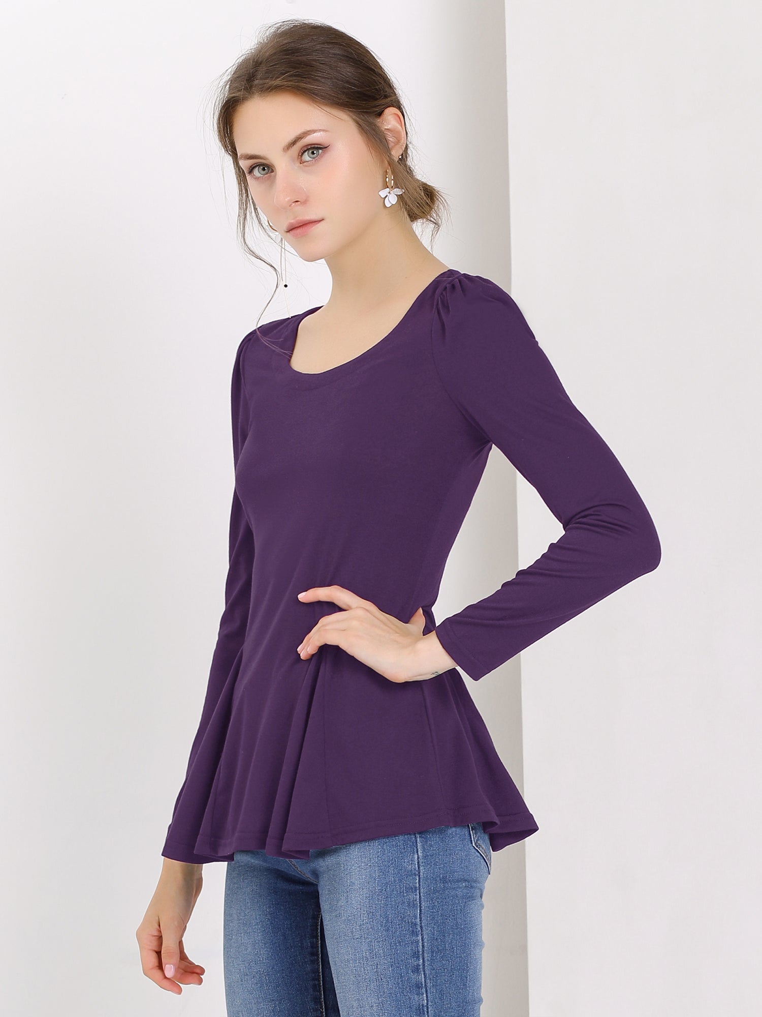 Long Sleeve Scoop Neck Casual Peplum Blouse