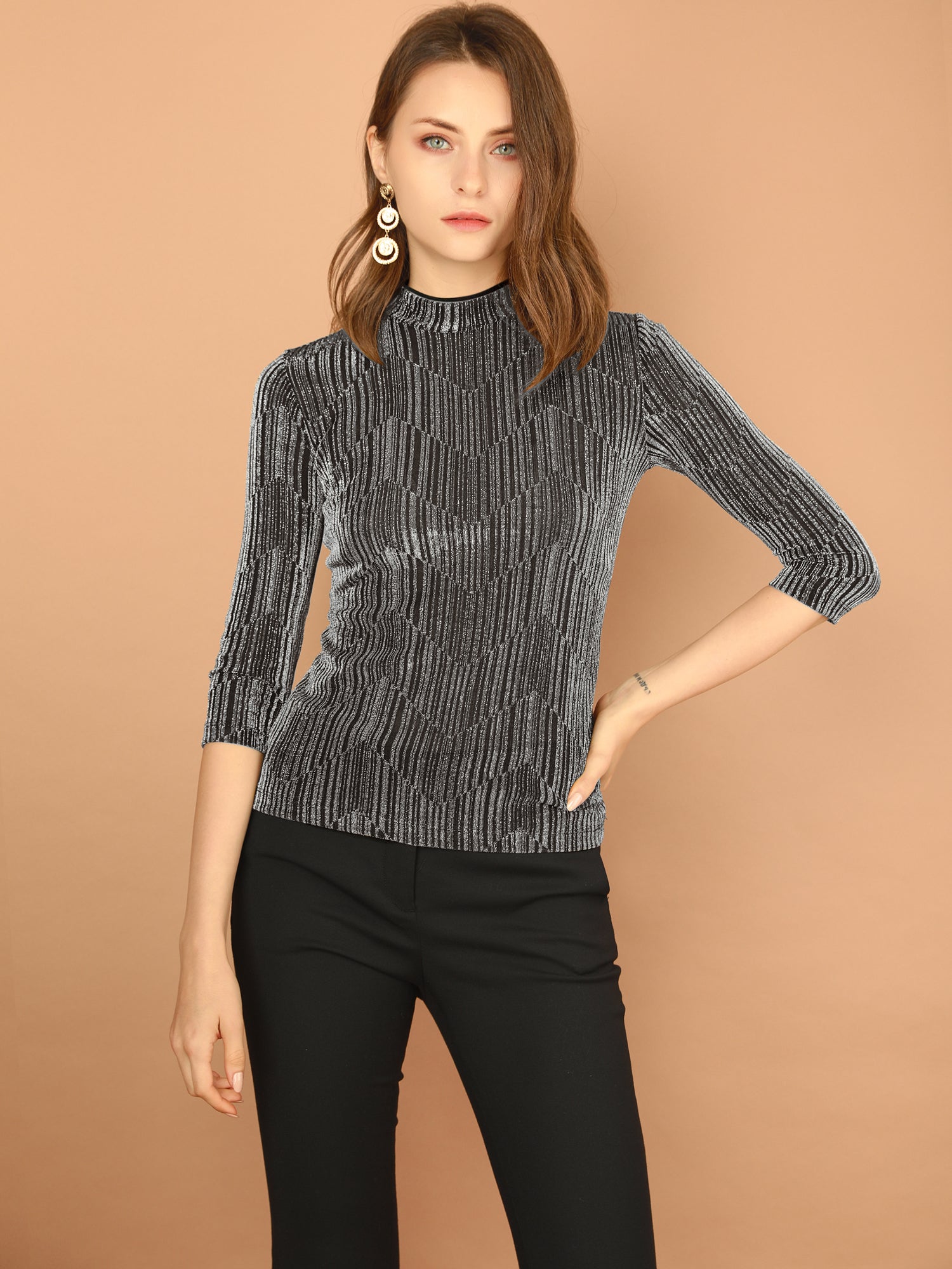Party Glitter 3/4 Sleeve Shiny Striped Metallic Tops