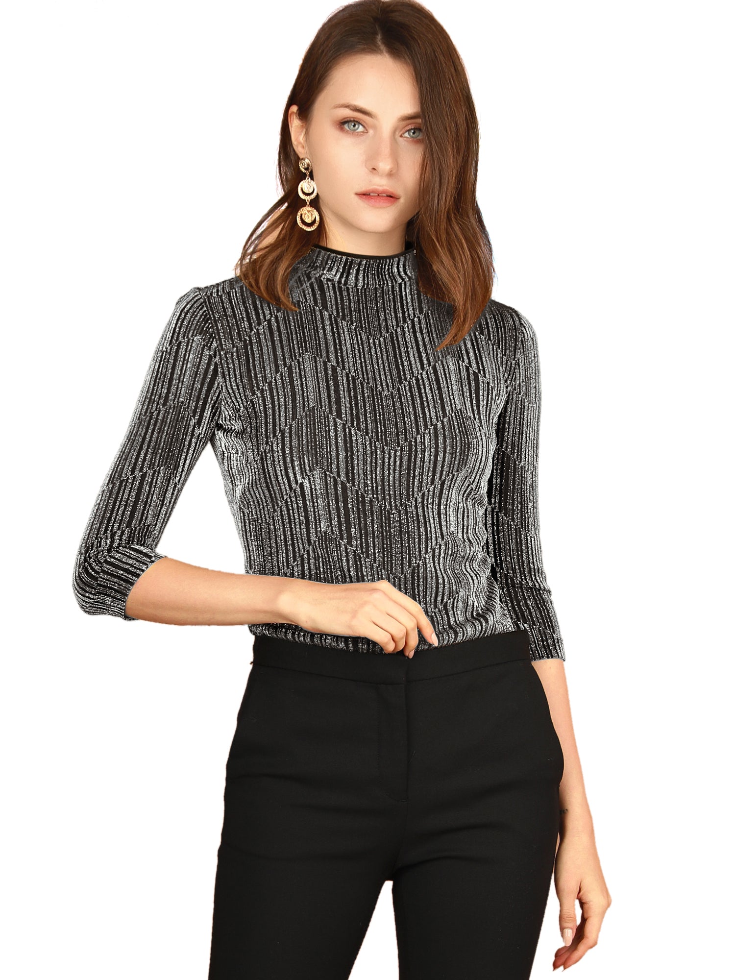 Party Glitter 3/4 Sleeve Shiny Striped Metallic Tops