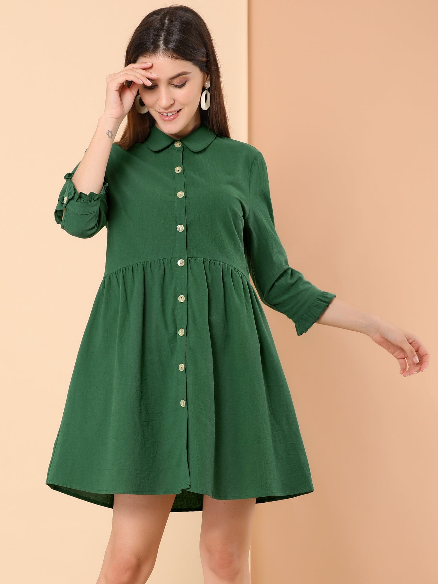 Ruched 3/4 Sleeve Button Up Casual Mini Shirt Dress