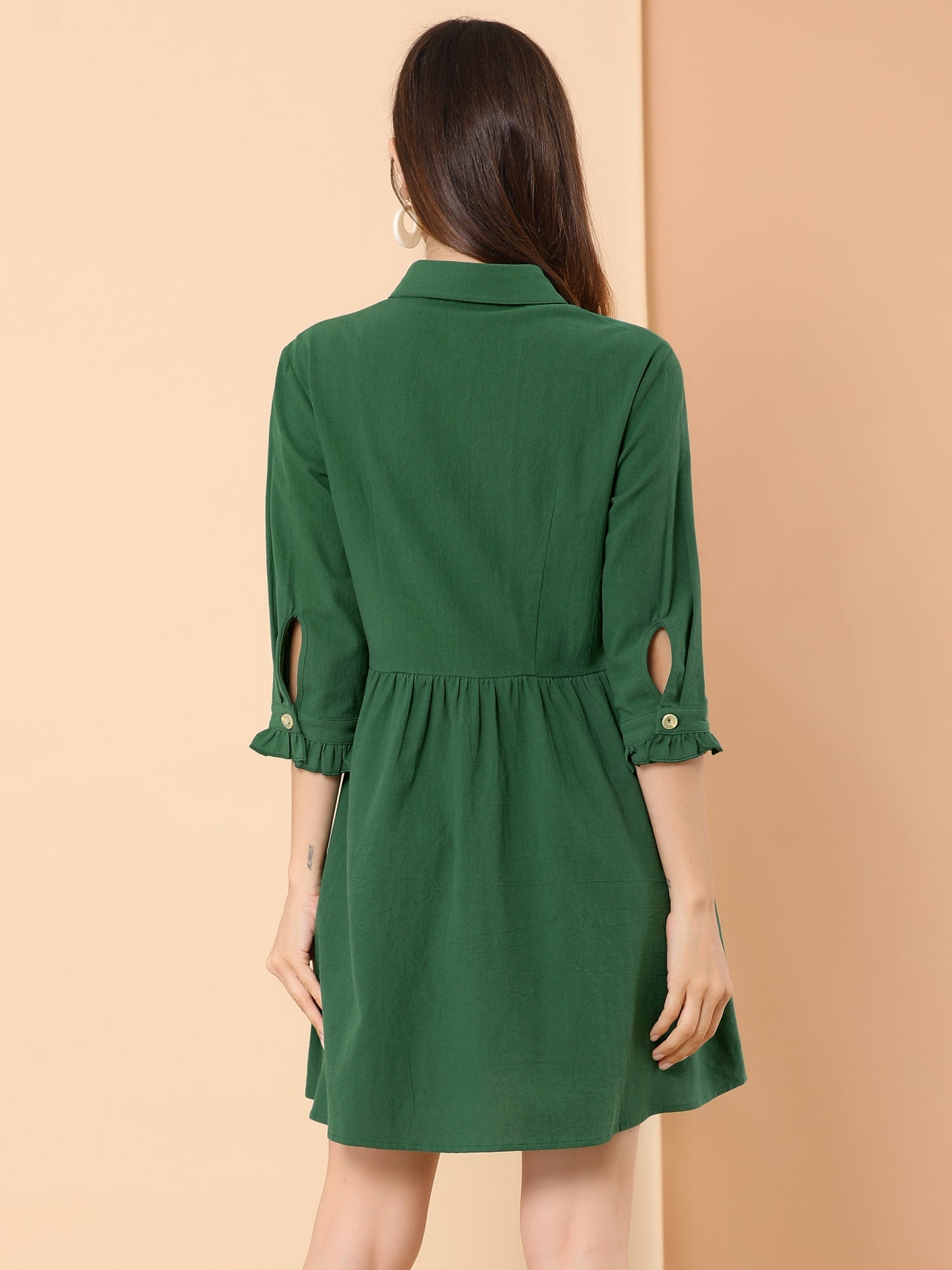 Ruched 3/4 Sleeve Button Up Casual Mini Shirt Dress