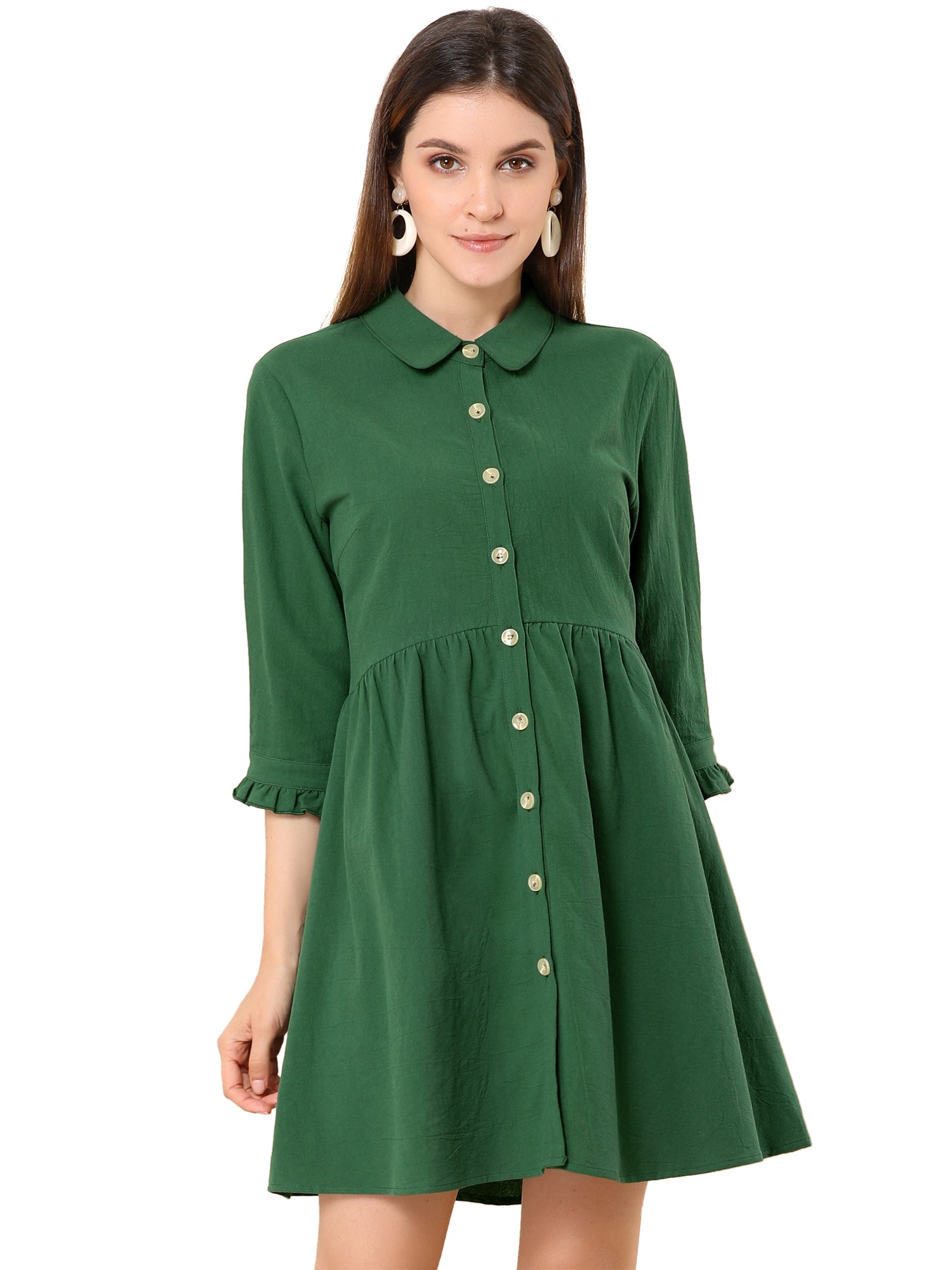 Ruched 3/4 Sleeve Button Up Casual Mini Shirt Dress