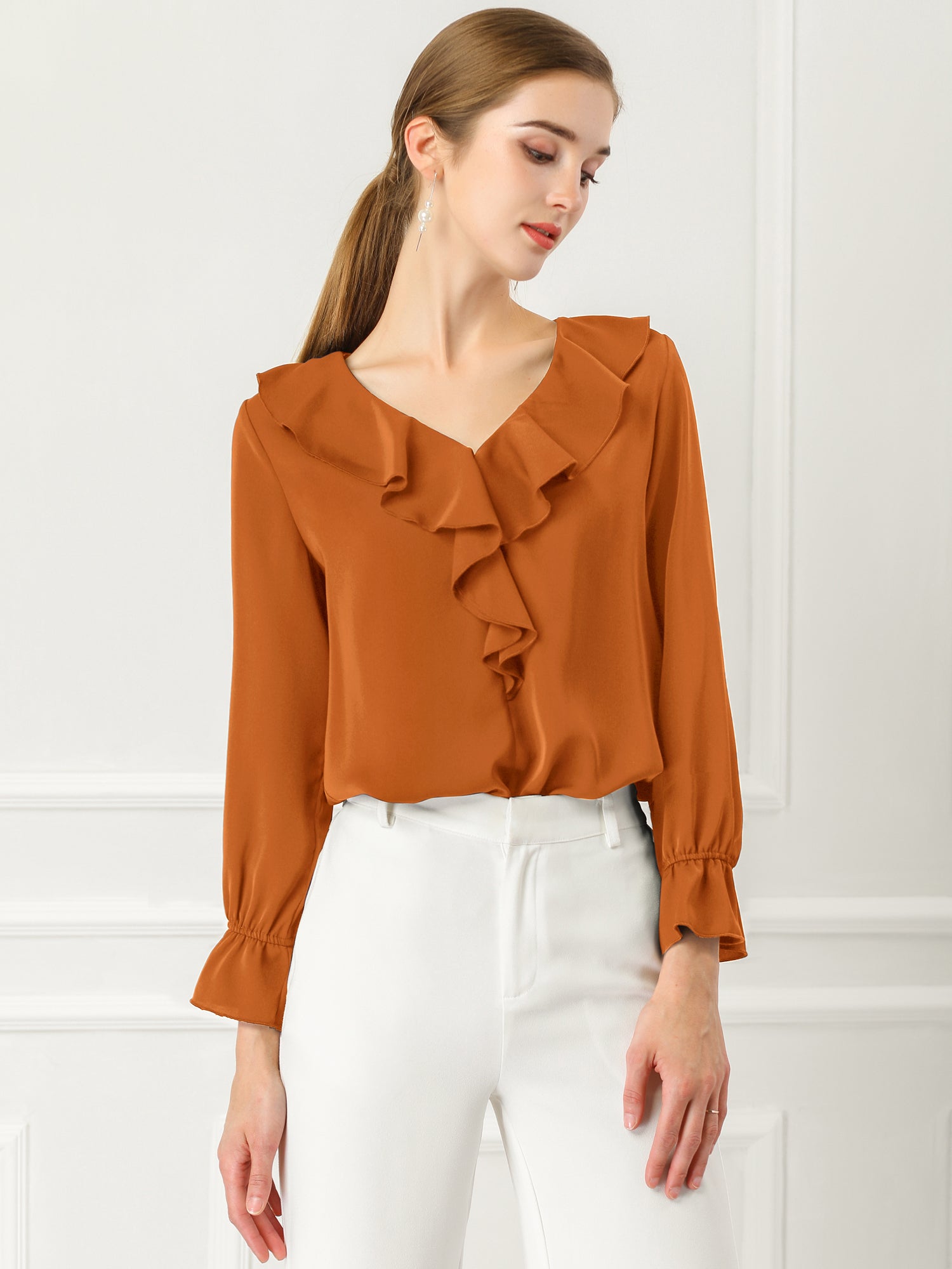 Ruffle Neck Gathered Cuff Long Sleeves Blouse