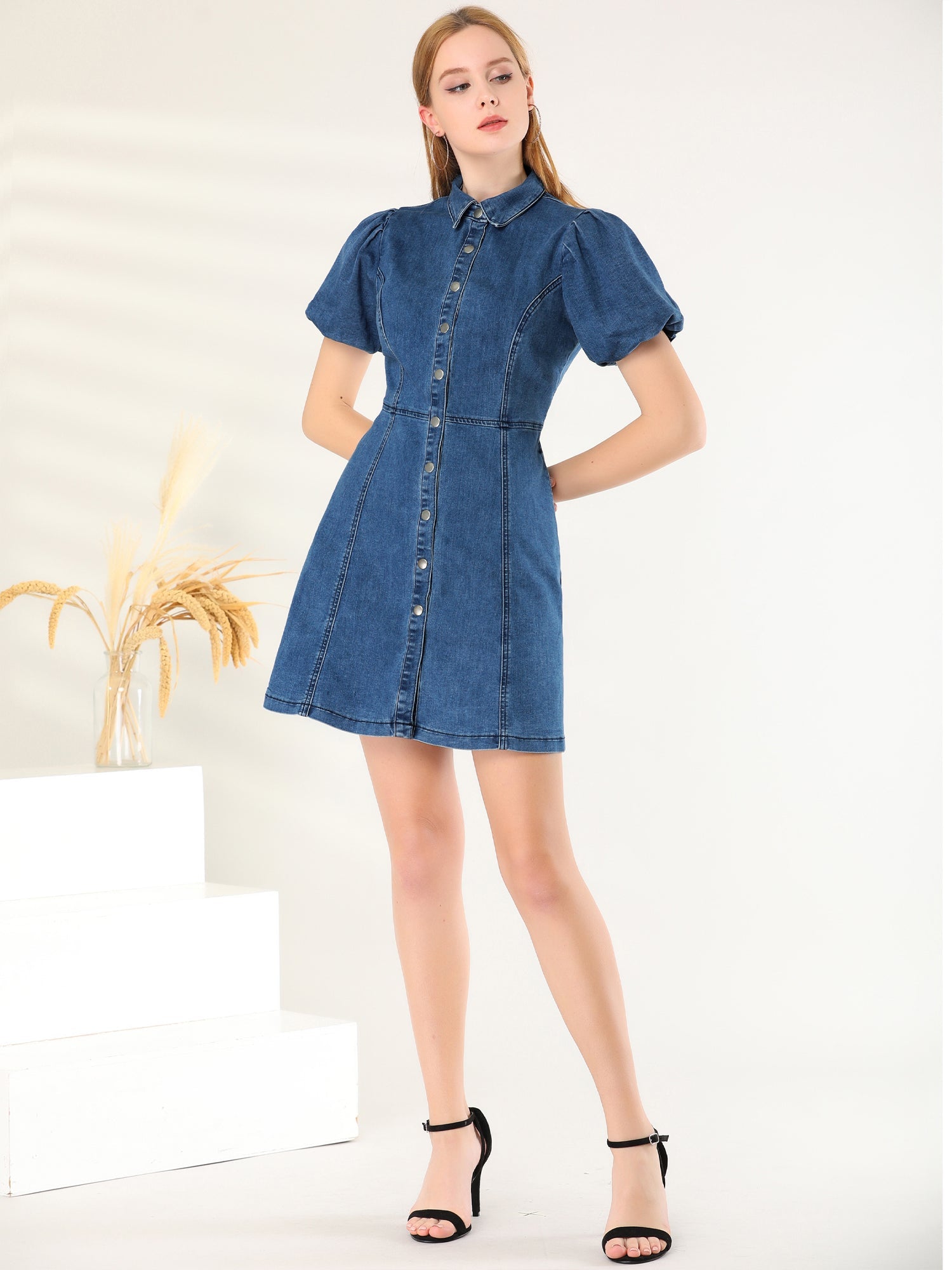 Denim Puff Short Sleeve Collared Button Down Mini Dress