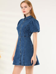 Denim Puff Short Sleeve Collared Button Down Mini Dress