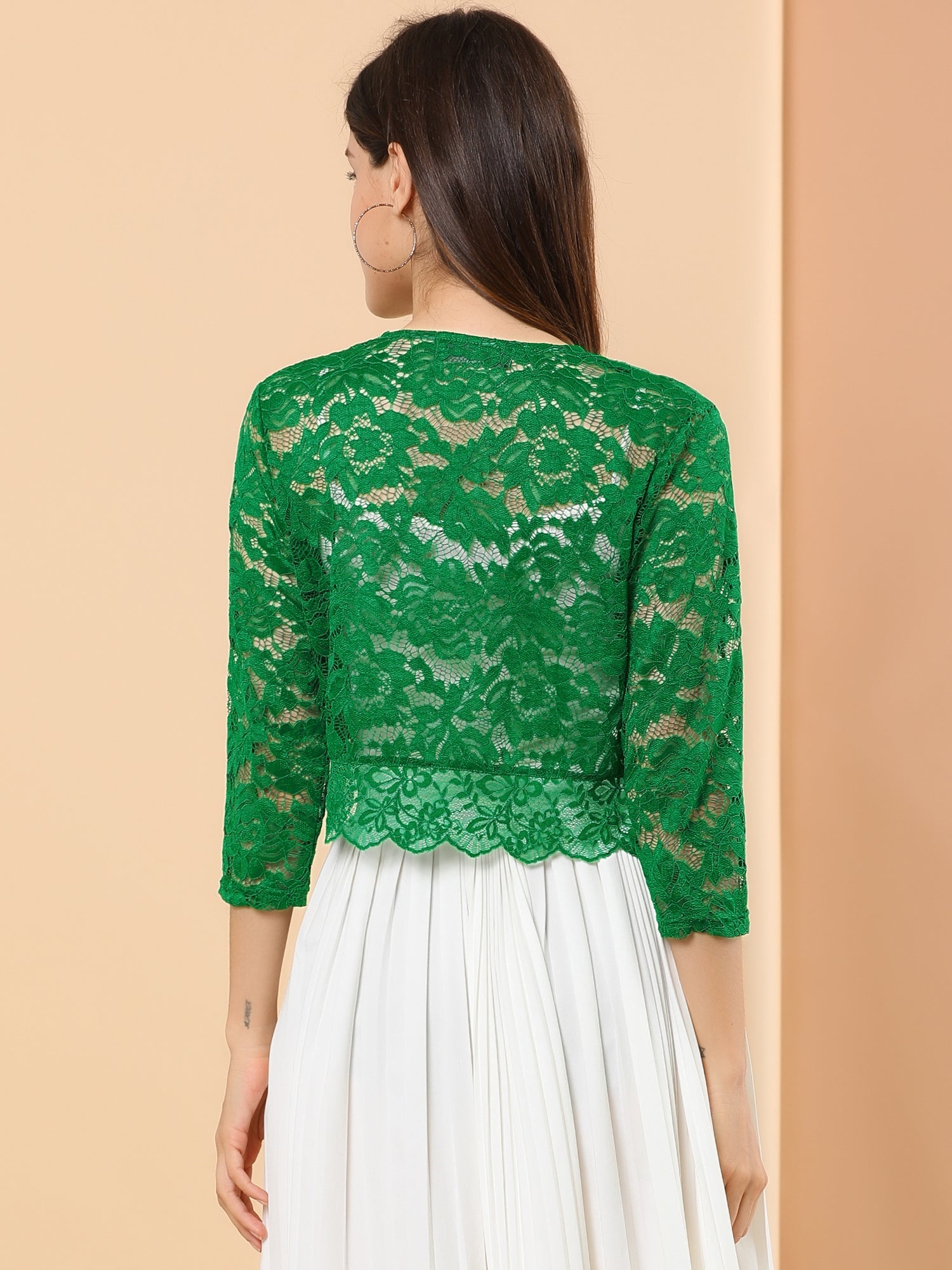 Lace 3/4 Sleeves Sheer Floral Cropped Bolero Shrug
