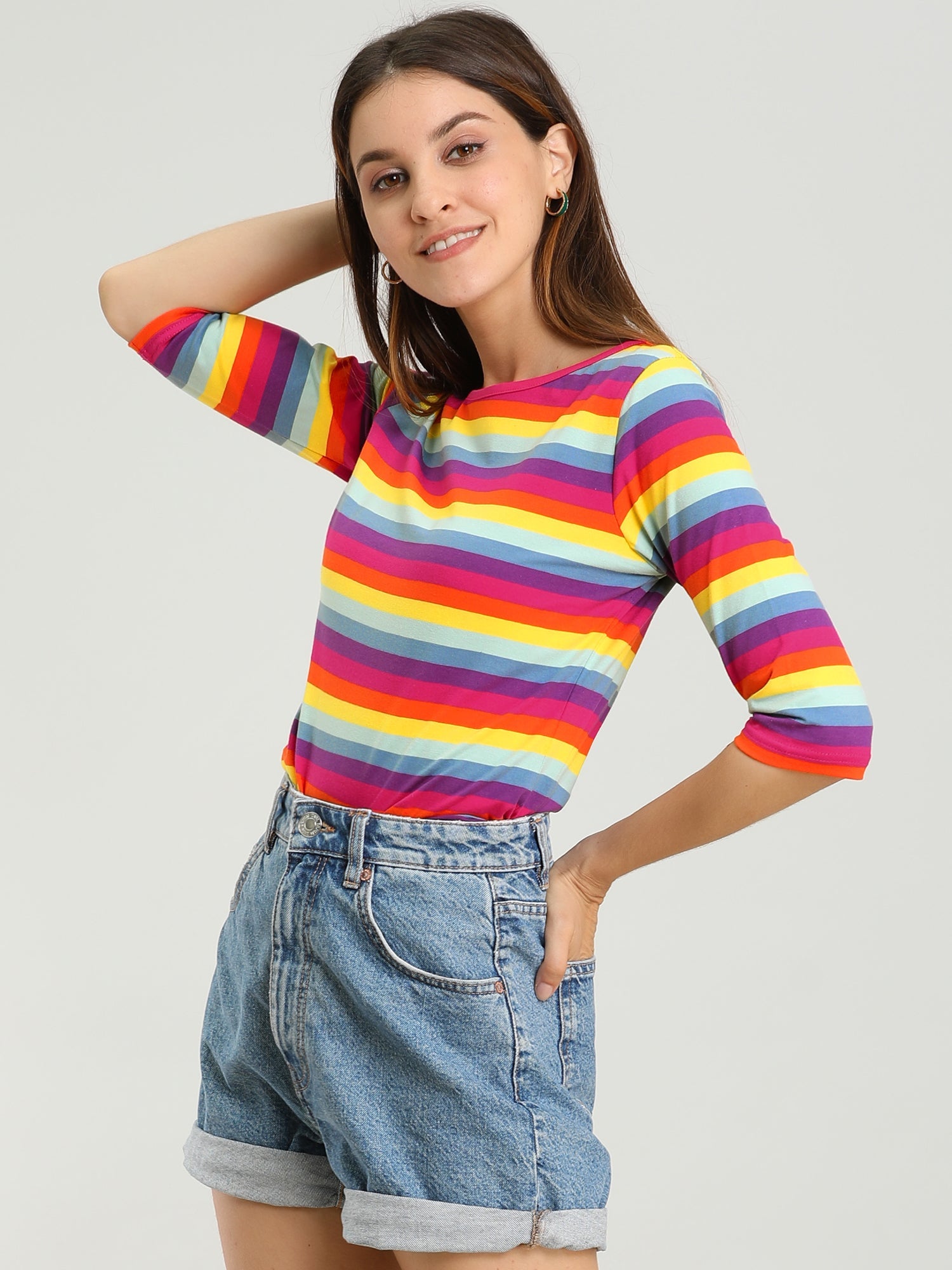 3/4 Sleeve Round Neck Casual Striped T-Shirt