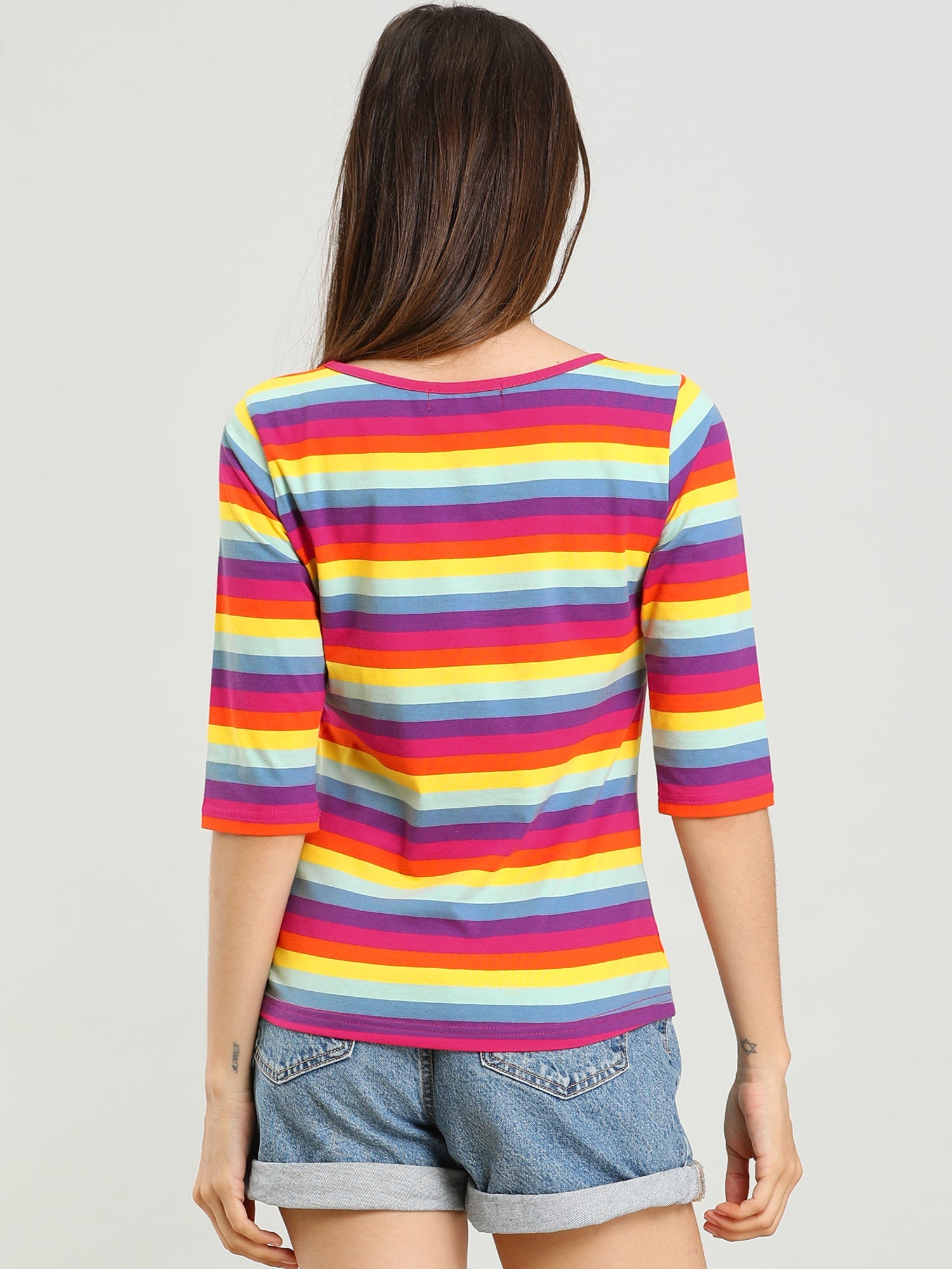 3/4 Sleeve Round Neck Casual Striped T-Shirt