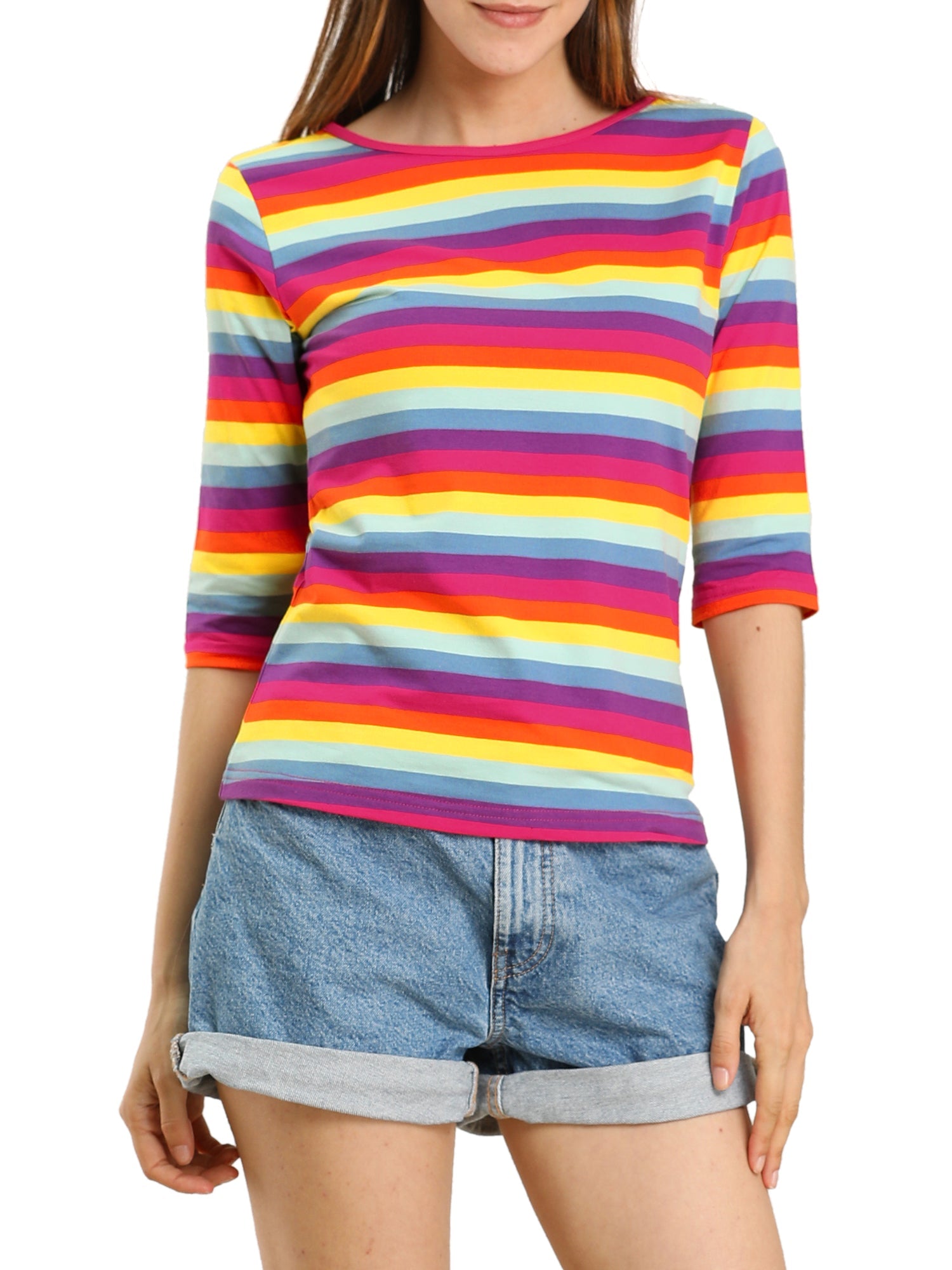 3/4 Sleeve Round Neck Casual Striped T-Shirt