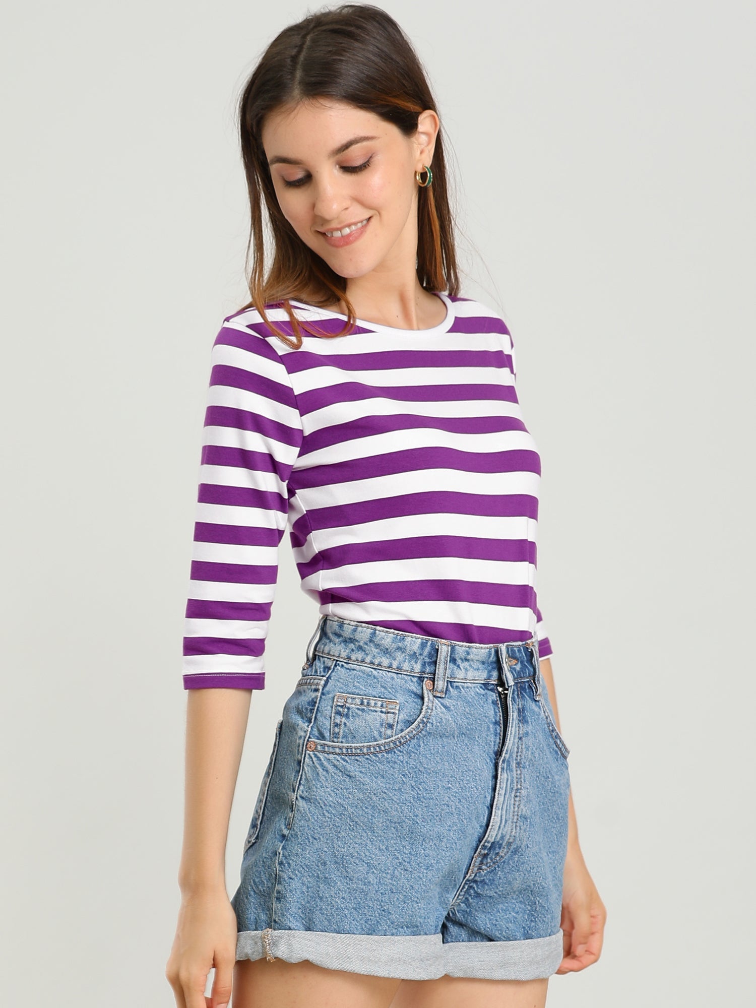 3/4 Sleeve Round Neck Casual Striped T-Shirt
