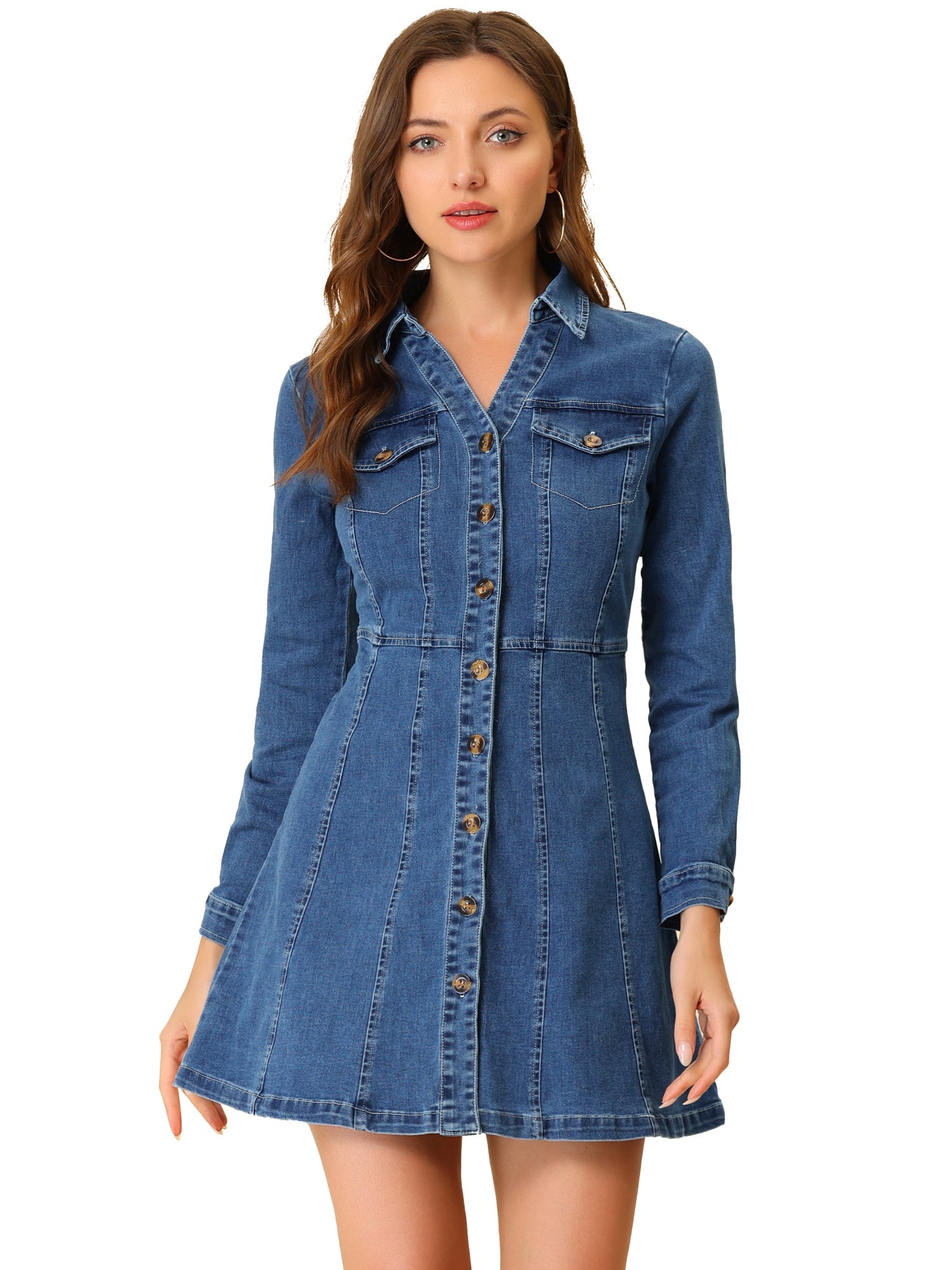 Button Down Collar V Neck Long Sleeve A-line Jean Denim Dress