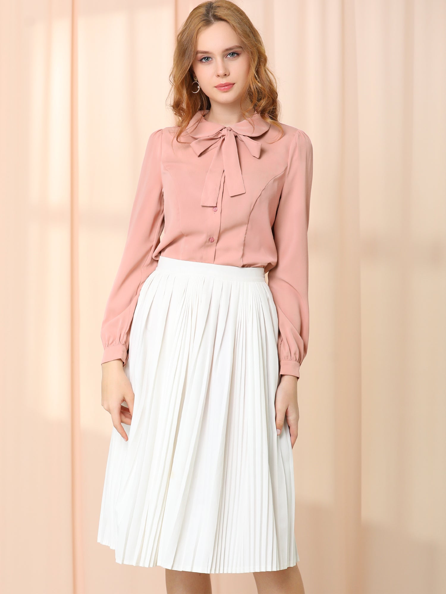 Peter Pan Collar Chiffon Bow Tie Neck Puff Sleeve Button Blouse